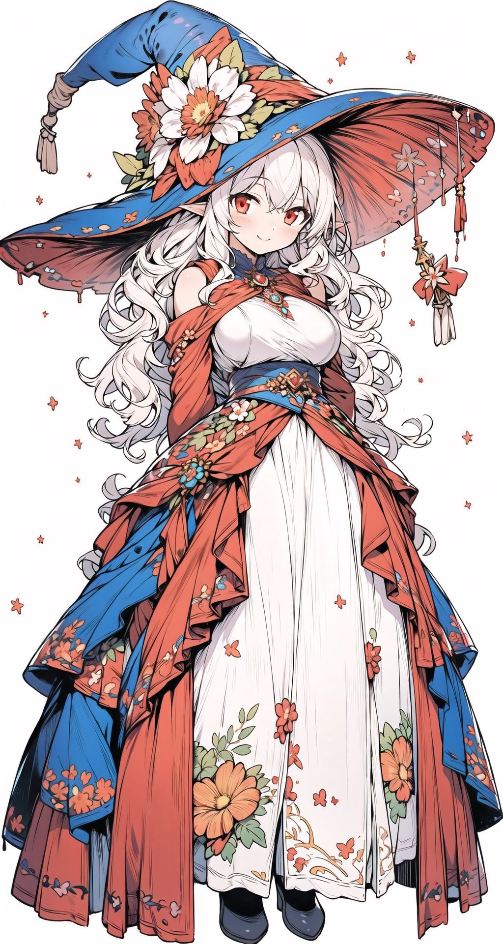 (masterpiece:1.2),(arms behind back:1.2),best quality,game cg,1girl,solo,long hair,white hair,hair ornament,dress,full body,looking at viewer,simple background,red eyes,standing,hair flower,white background,white dress,closed mouth,long sleeves,skirt,wavy hair,blush,large breasts,smile,very long hair,hand up,floral print,witch hat,elf,