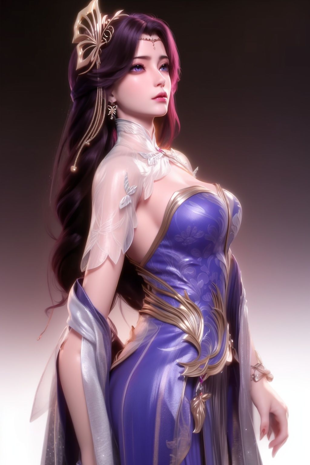 solid color background,wanmei\(yunxi\), 1girl, solo, dress, hair ornament, <lora:yunxi-12:0.7>,portiart,from front,masterpiece,(best quality),official art, extremely detailed cg 8k wallpaper,((crystalstexture skin)), (extremely delicate and beautiful),solo, realistic, photo_\(medium\), hiqcgbody,<lora:hipoly3DModelLora_v10:0.3:NF>,