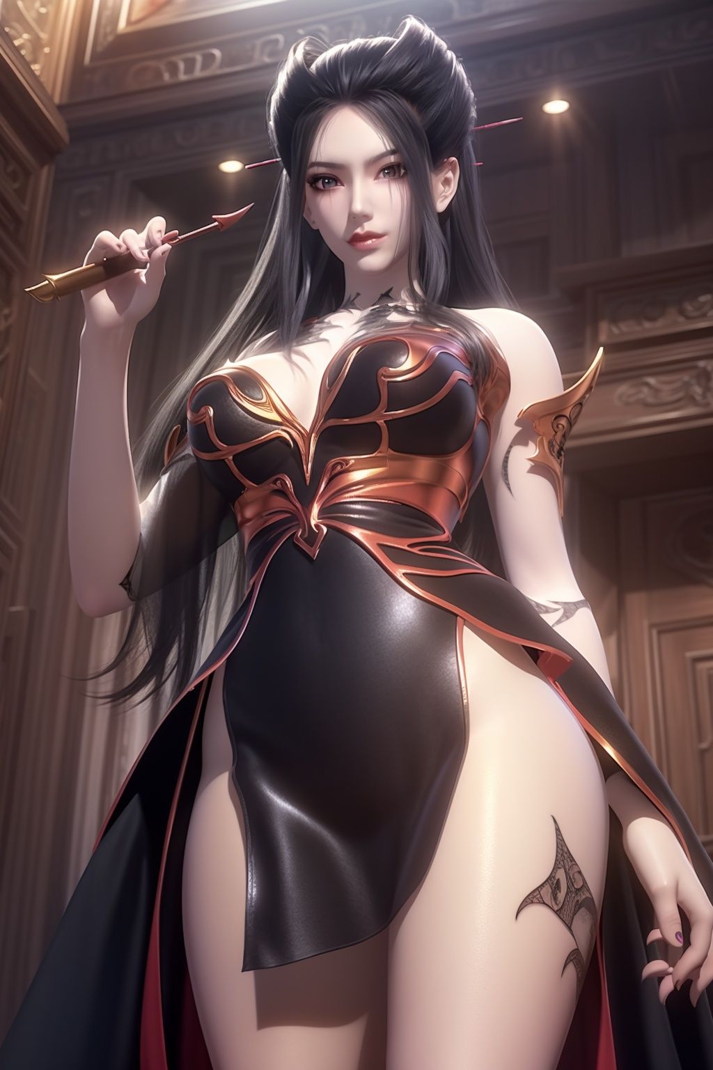 masterpiece, (best quality), official art, extremely detailed cg 8k wallpaper, (extremely delicate and beautiful), solo, realistic, photo_\(medium\), from below, , hiqcgbody, <lora:hiqcg_body_epoch:0.3:NF>, 1girl,cowboy shot, look at the viewer, offical uniform, solo, tattoo, hair stick, <lora:lingji_v2-12:0.7>, bare thighs, 