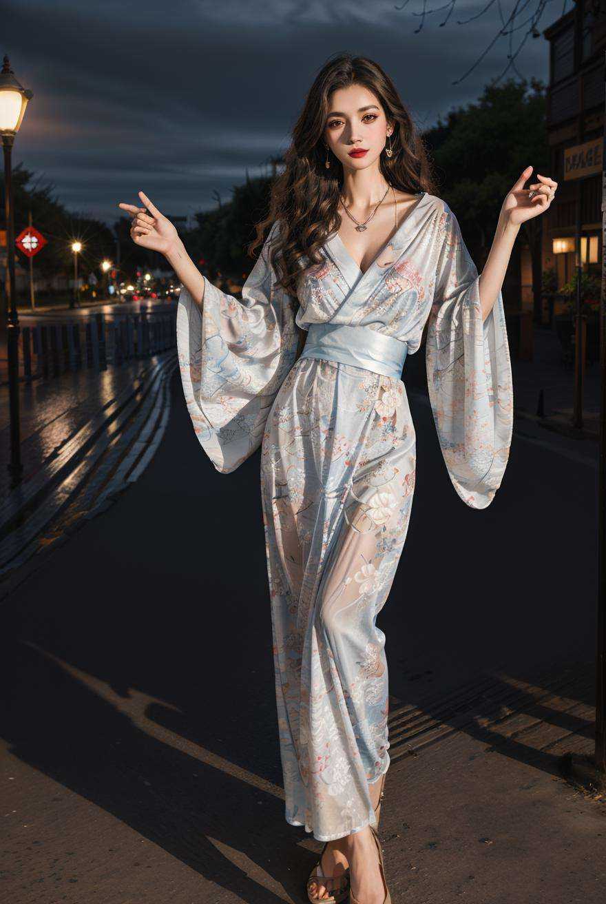 masterpiece,best quality,(Night:1.7),CityView,(outdoors:1.3),city lights,skyscraper,street,close up,1girl,jewelry,earrings,necklace,Standing at attention,beautiful face,victory pose,black hair,full body, <lora:more_details:0.6>,<lora:Kimono pajamas_20230705114305:0.75> kimono,floral print,