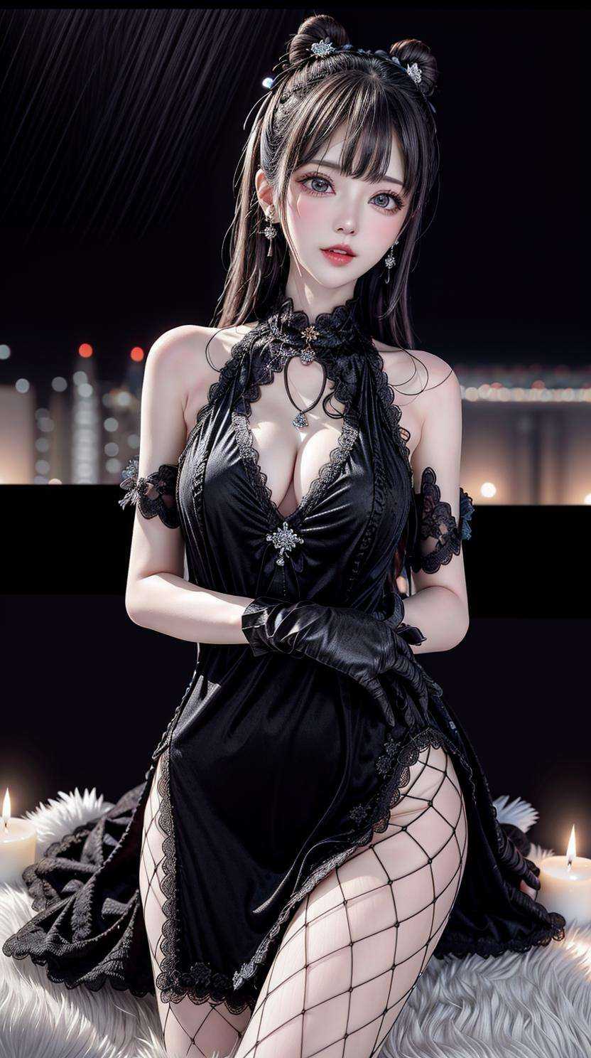 masterpiece,best quality,(Night:1.7),CityView,(outdoors:1.3),city lights,skyscraper,street,close up,praying,1girl,jewelry,earrings,necklace,beautiful face,black hair,<lora:add_detail:1>, <lora:Black velvet cheongsam_20230704154020:0.7> black dress, black gloves, pantyhose, 