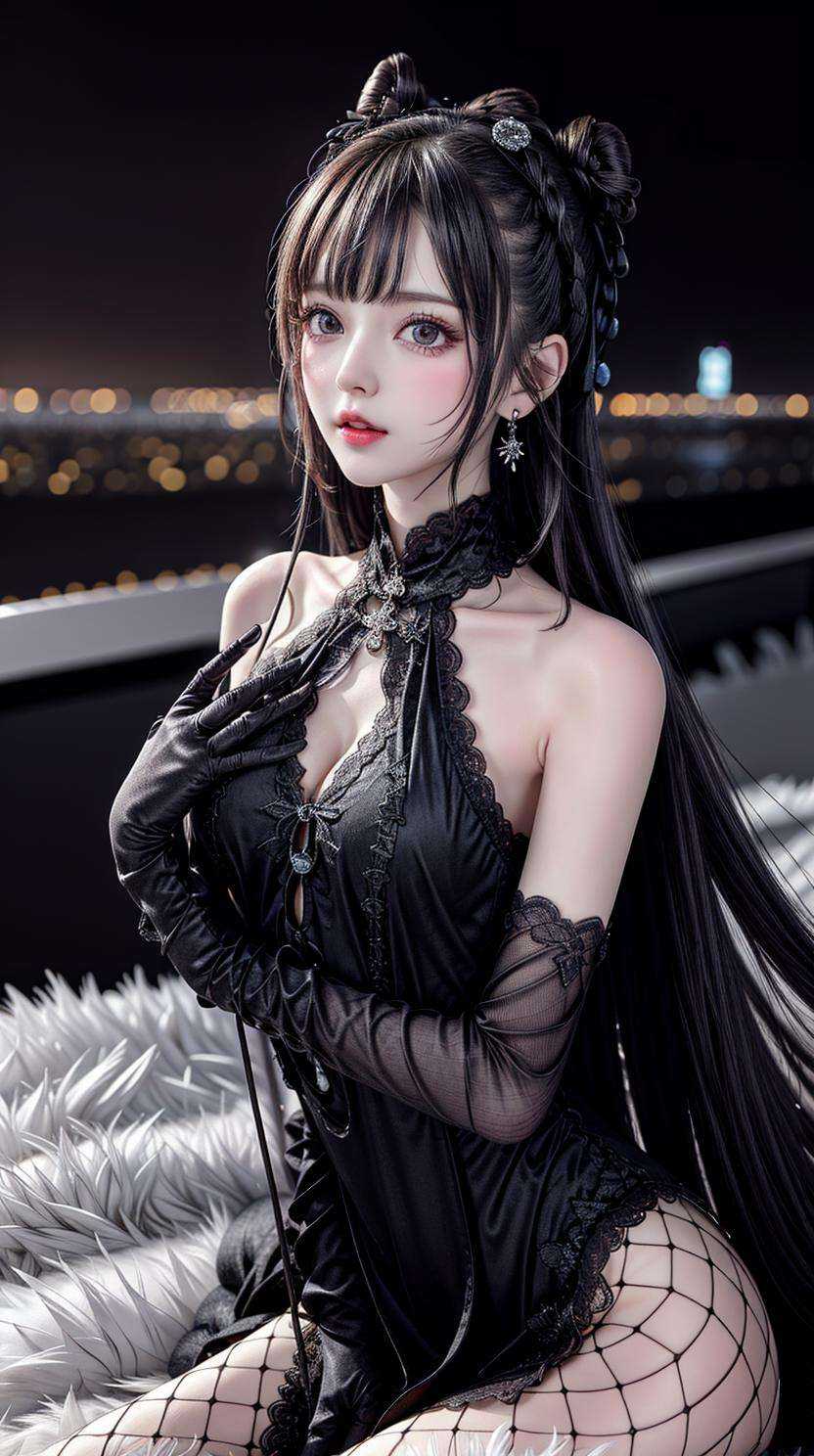 masterpiece,best quality,(Night:1.7),CityView,(outdoors:1.3),city lights,skyscraper,street,close up,praying,1girl,jewelry,earrings,necklace,beautiful face,black hair,<lora:add_detail:1>, <lora:Black velvet cheongsam_20230704154020:0.7> black dress, black gloves, pantyhose, 