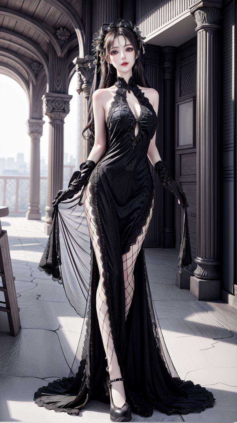 masterpiece,best quality,(detailed face, perfect face, perfect eyes, realistic eyes, perfect fingers),(clear face),fantasy girl,long hair,hair ornaments,looking at viewer,outdoors,intricate,high detail,sharp focus,dramatic,beautiful girl,full body,standing<lora:add_detail:0.8>,<lora:Black velvet cheongsam_20230704154020:0.7> black dress,black gloves,pantyhose,