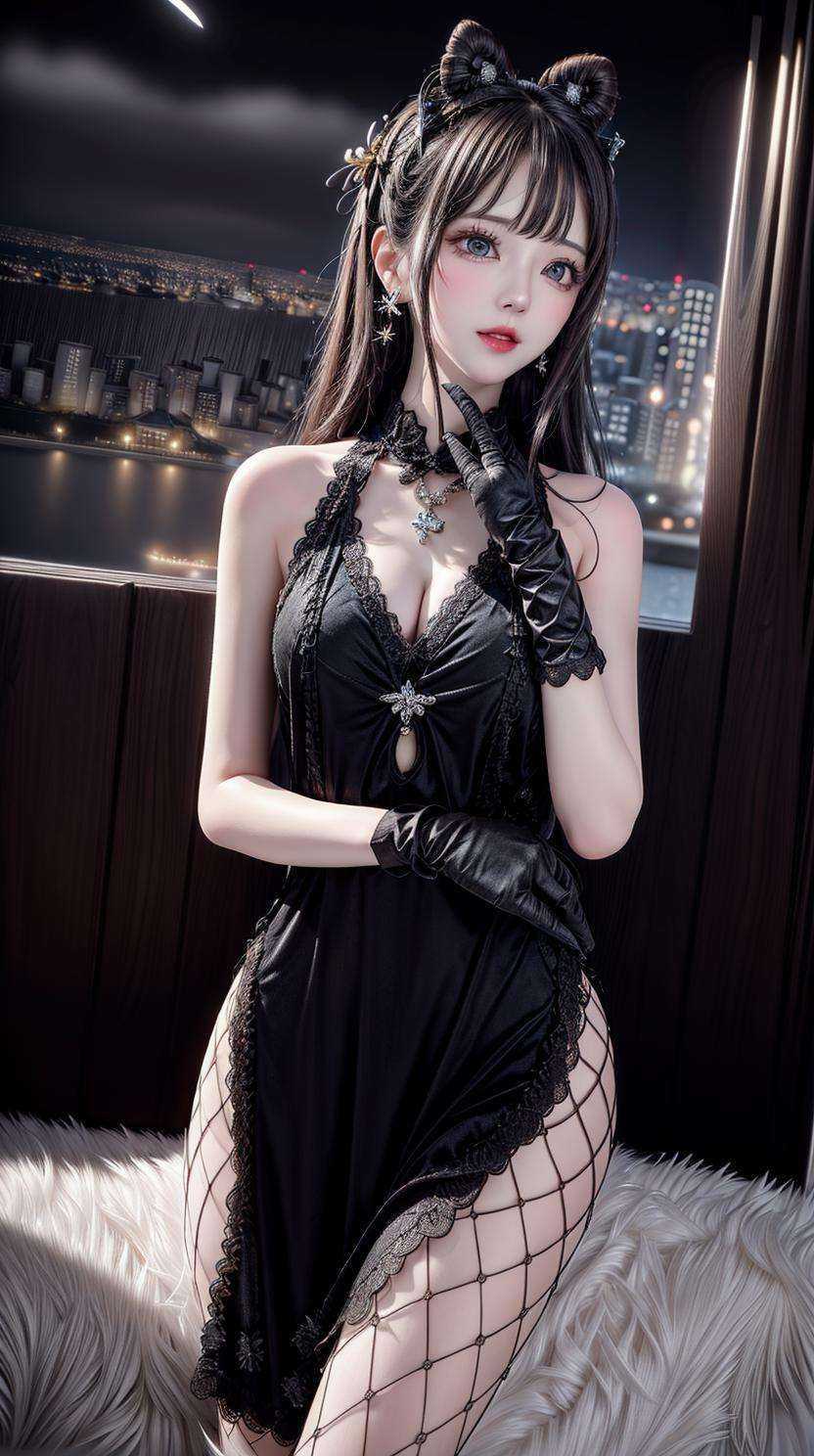 masterpiece,best quality,(Night:1.7),CityView,(outdoors:1.3),city lights,skyscraper,street,close up,praying,1girl,jewelry,earrings,necklace,beautiful face,black hair,<lora:add_detail:1>, <lora:Black velvet cheongsam_20230704154020:0.7> black dress, black gloves, pantyhose, 