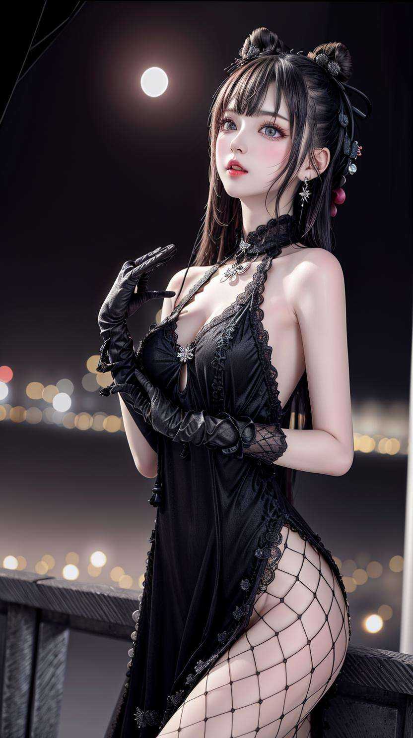 masterpiece,best quality,(Night:1.7),CityView,(outdoors:1.3),city lights,skyscraper,street,close up,praying,1girl,jewelry,earrings,necklace,beautiful face,black hair,<lora:add_detail:1>, <lora:Black velvet cheongsam_20230704154020:0.7> black dress, black gloves, pantyhose, 