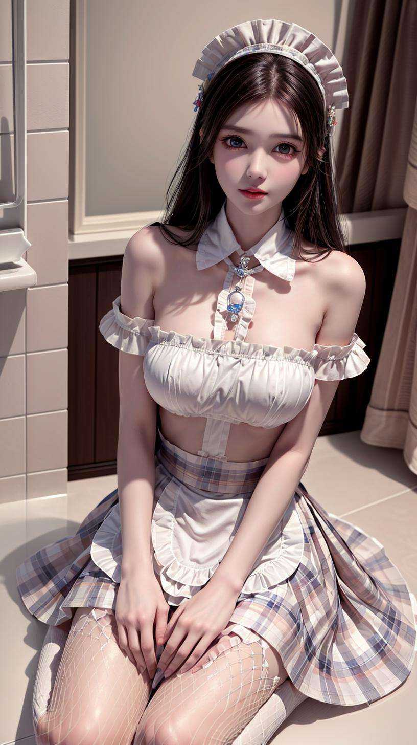 masterpiece,best quality,(detailed face, perfect face, perfect eyes, realistic eyes, perfect fingers),(clear face),fantasy girl,long hair,hair ornaments,looking at viewer,outdoors,intricate,high detail,sharp focus,dramatic,beautiful girl,(full body:1.3),(bathroom:1.3),sitting,close-up, <lora:add_detail:0.9>, <lora:Japanese maid dress v4_20230708143241:0.75> fishnets, apron,skirt,maid headdress, 