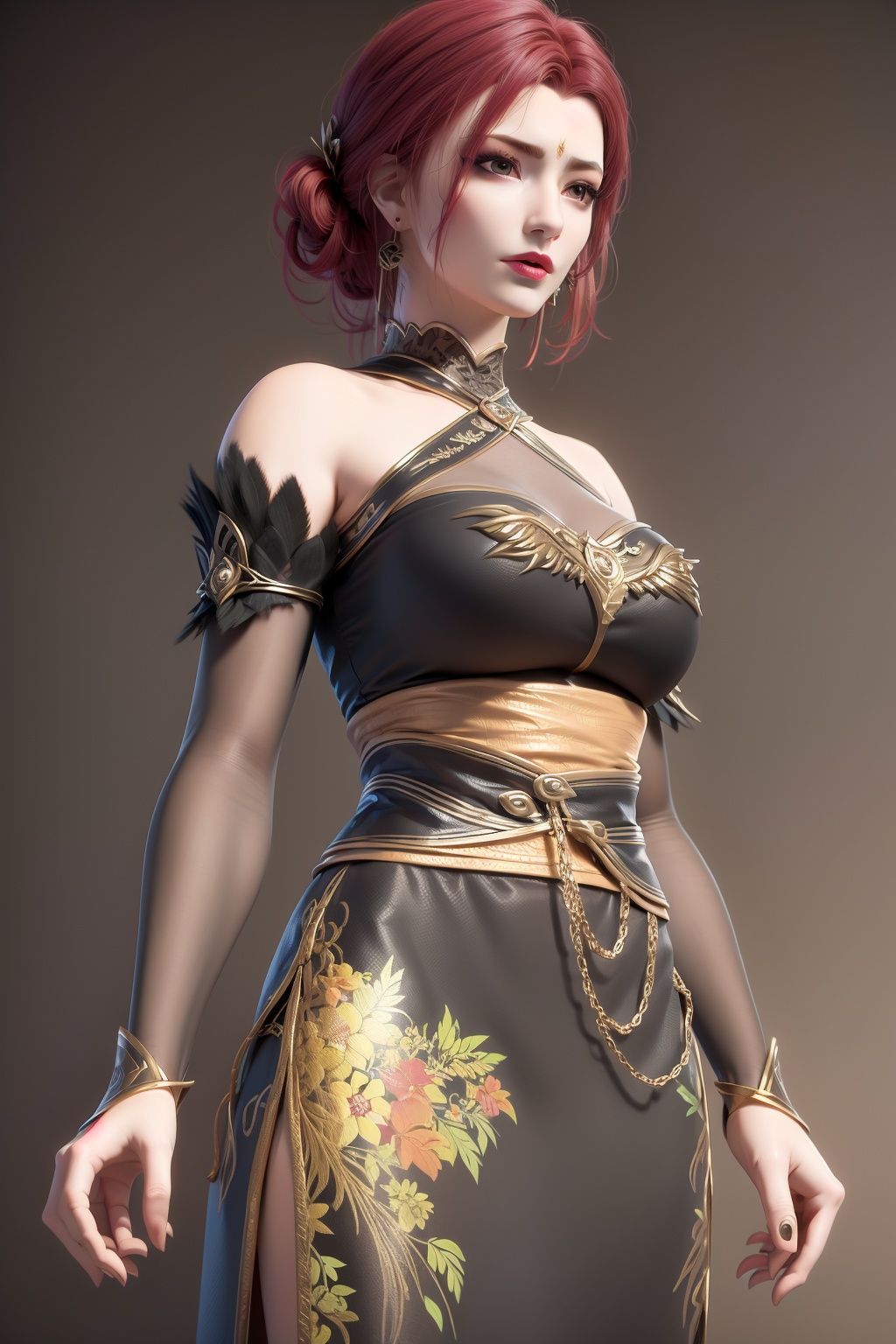 solid color background,, doupo\\(yafei\\), 1girl, solo, cheongsam,detached sleeves,hair ornament,jewelry, earrings,halterneck,facial mark,<lora:yafei7:0.7>,,,female pov,,,masterpiece,(best quality),official art, extremely detailed cg 8k wallpaper,((crystalstexture skin)), (extremely delicate and beautiful),solo, realistic, photo_\(medium\), hiqcgbody,<lora:hipoly3DModelLora_v10:0.3:NF>,