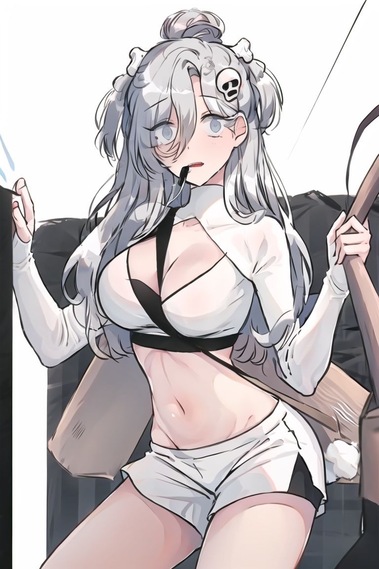 (best quality),(masterpiece),from side,bbpskeleton, 1girl,standing,hands up,(saliva,smile),(trembling,convulsing:1.4),mole,long hair,hair between eyes, skull hair ornament,(expressionless,blank eyes:1.3),shrug \(clothing\), white shorts,navel,(motion lines:1.3),medium breasts,(white background,light element,sacred light,horizon,orb:1.2),<lora:LessHighlightEyes:0.8> <lora:Shinyskin-000018:0.7> <lora:bubbleplanet_skeleton[bbpskeleton]:1>