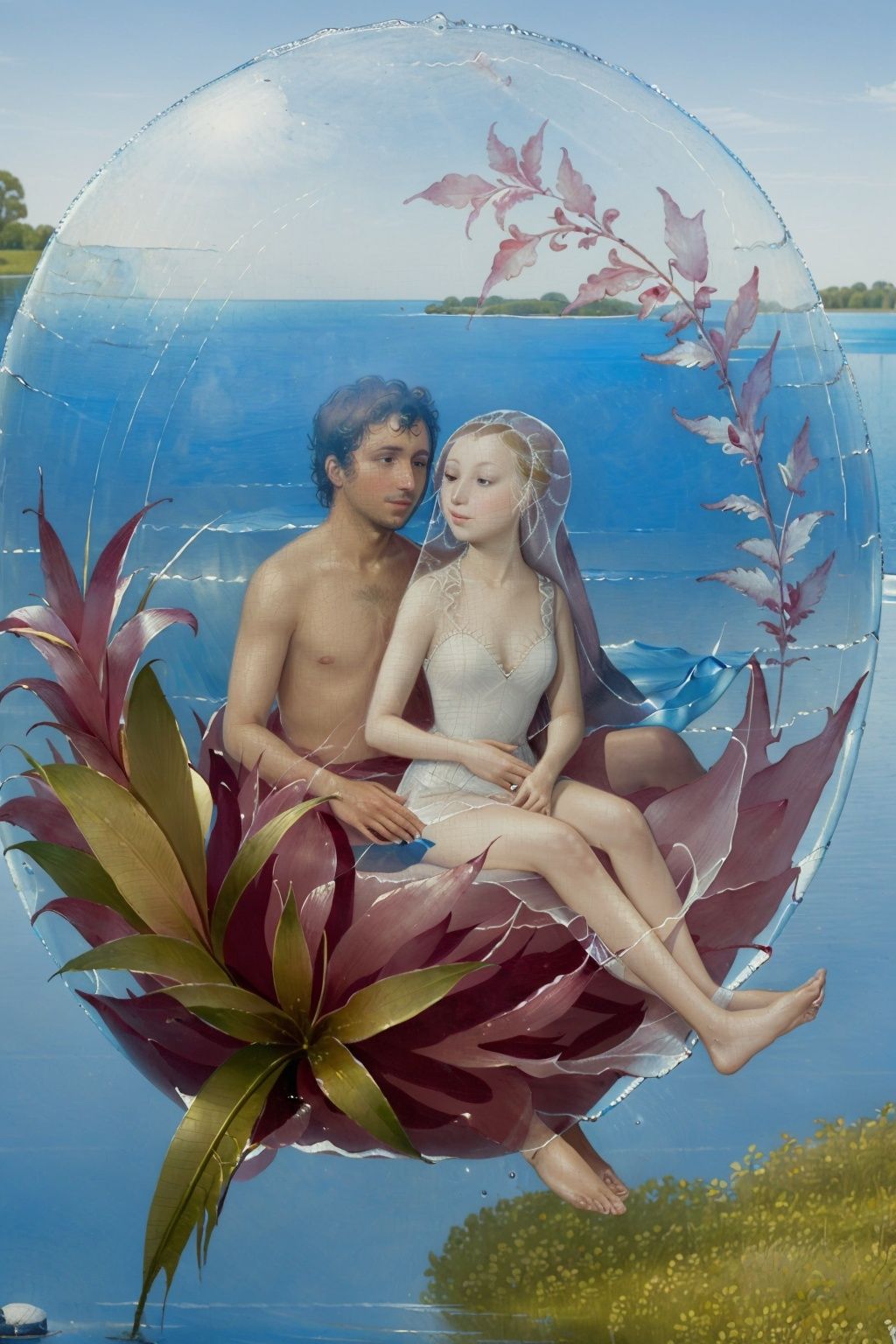 <lora:tgedv2-000004:1>,craquelure,the fruit of a flower with a transparent bubble floats on the water surface, a man and a woman sit inside the transparent bubble,white dress,lake