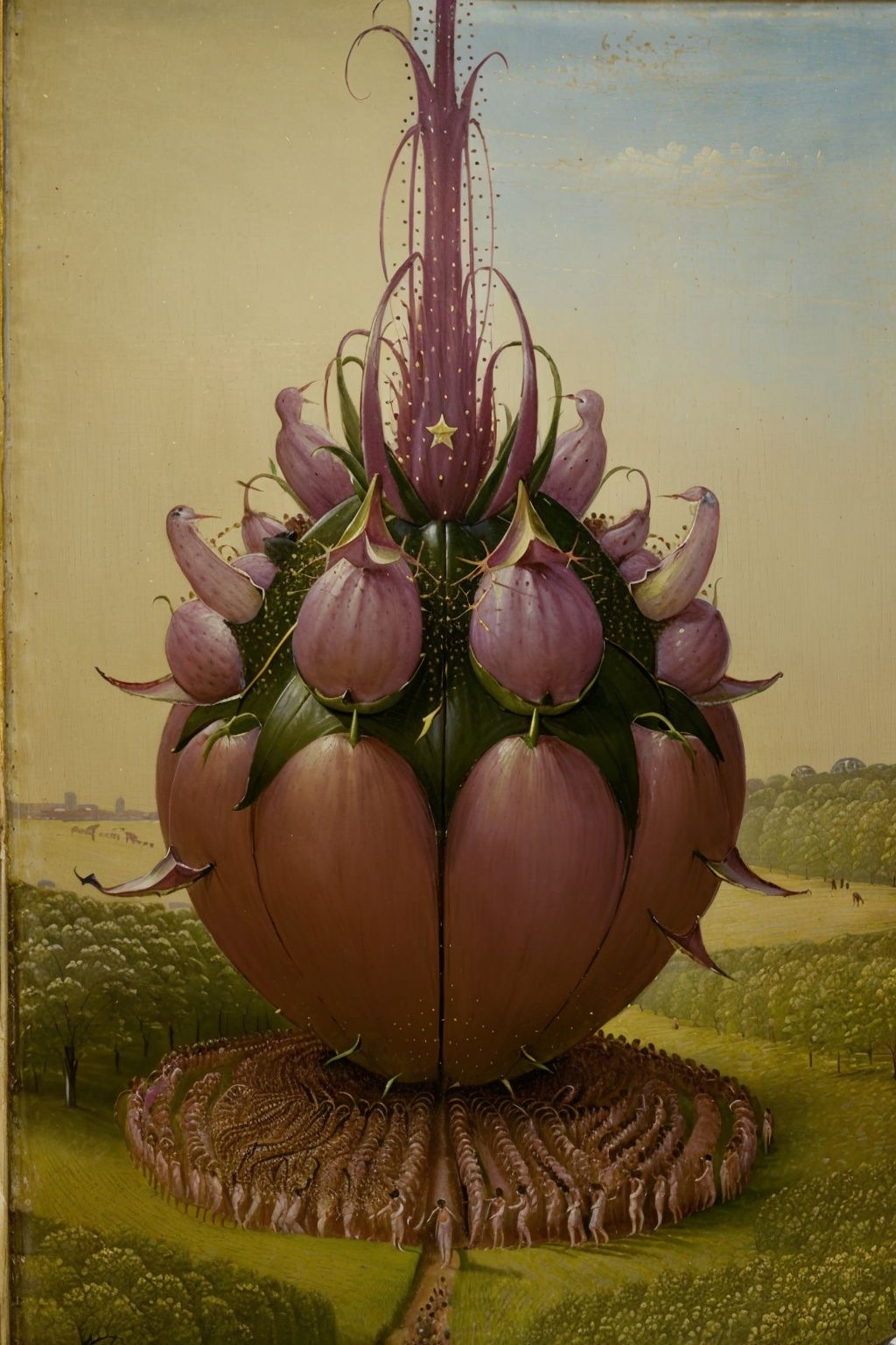 <lora:tgedv2-000004:1>,craquelure,a group of people,around a giant star fruit