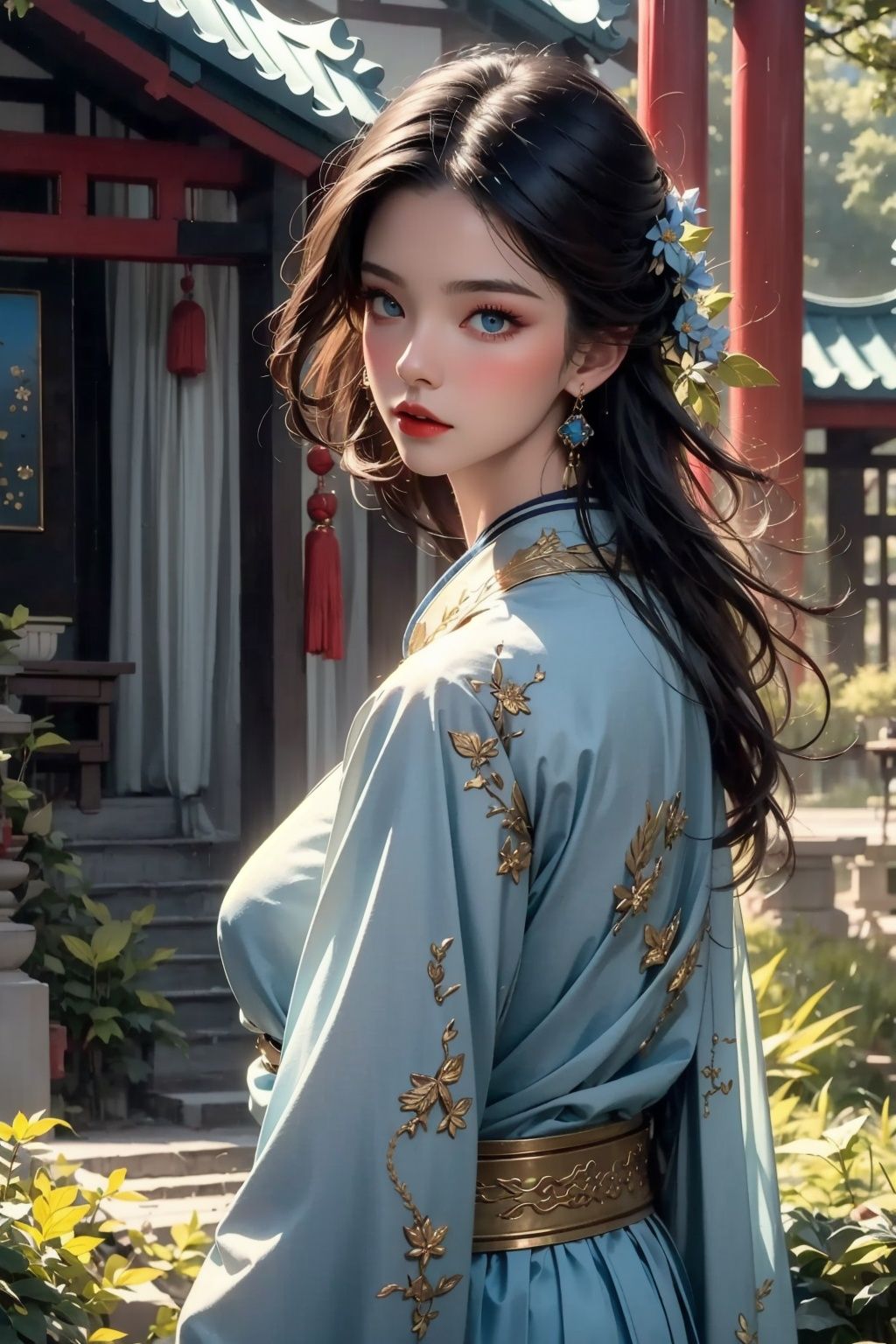best quality, masterpiece, (photorealistic:1.4), <lora:tpqy:1>1girl,realistic,tpqy，dramatic lighting, from below，Light blue clothes，look back，golden flowers on the clothes