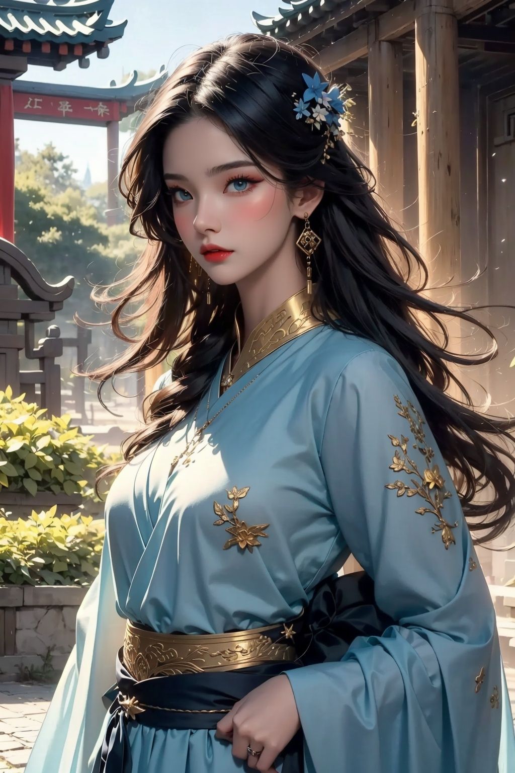 best quality, masterpiece, (photorealistic:1.4), <lora:tpqy:1>1girl,realistic,tpqy，dramatic lighting, from below，Light blue clothes，golden flowers on the clothes