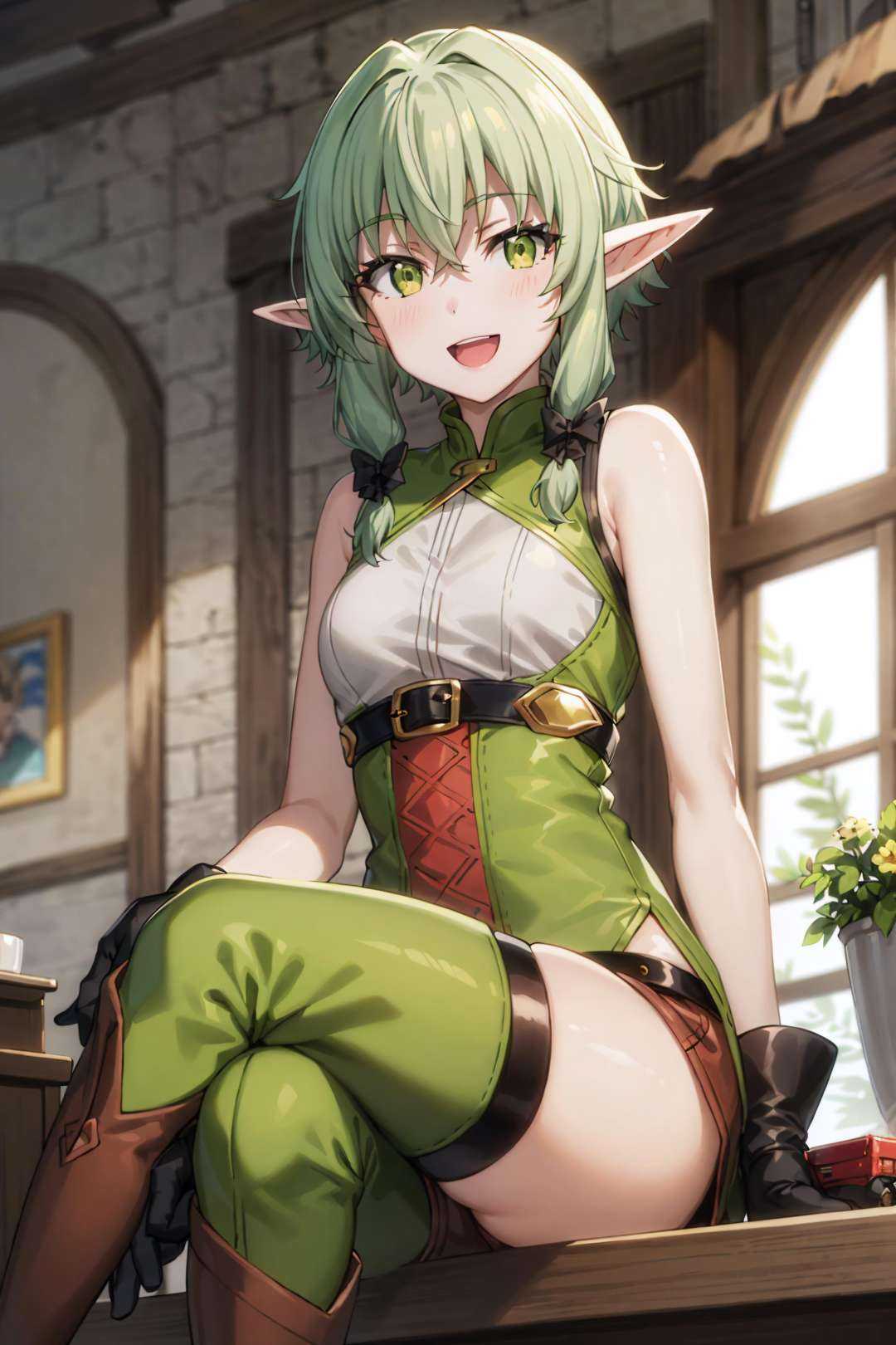 best quality, (masterpiece:1.2), detailed,<lora:chara_GoblinSlayer_HighElf_v1:0.8>,1girl, solo, open mouth, smile, pointy ears,green hair, green eyes, short hair, short hair with long locks, green dress, sleeveless dress, black bow, black gloves, asymmetrical gloves, brown shorts,crossed legs, thigh boots,sitting, looking at the viewer,indoors