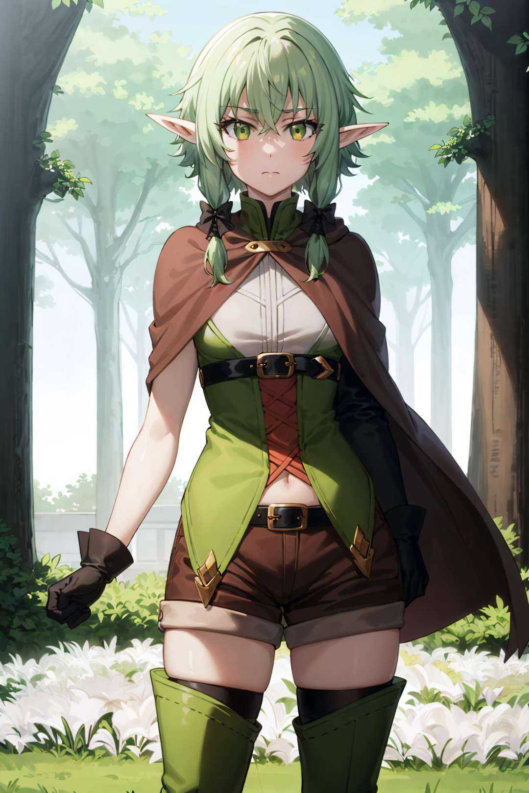 best quality, (masterpiece:1.2), detailed,<lora:chara_GoblinSlayer_HighElf_v1:0.8>,1girl, solo, closed mouth, pointy ears,green hair, green eyes, short hair, short hair with long locks, green dress, black bow, black gloves, asymmetrical gloves, brown shorts,thigh boots, brown cape,standing, looking at the viewer,outdoors, forest