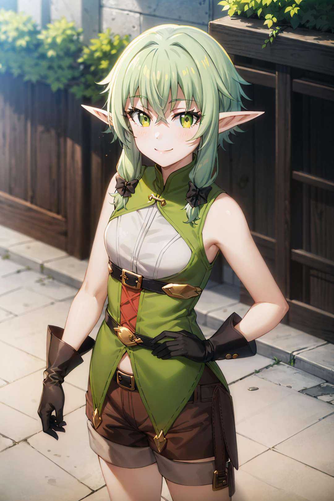 best quality, (masterpiece:1.2), detailed,<lora:chara_GoblinSlayer_HighElf_v1:0.8>,1girl, solo, closed mouth, smile, pointy ears,green hair, green eyes, short hair, short hair with long locks, green dress, sleeveless dress, black bow, black gloves, asymmetrical gloves, brown shorts,standing, looking at the viewer,outdoors