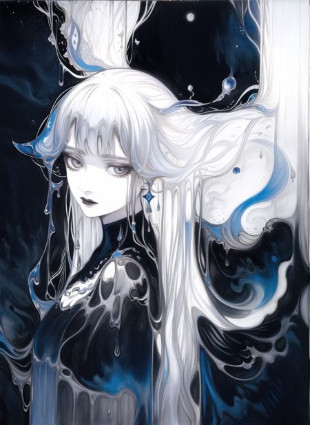 amano yoshitaka,  1girl,  (dark dim dramatic atmosphere)+ 8k portrait of a girl with super long aurora hair on Tensor.Art
