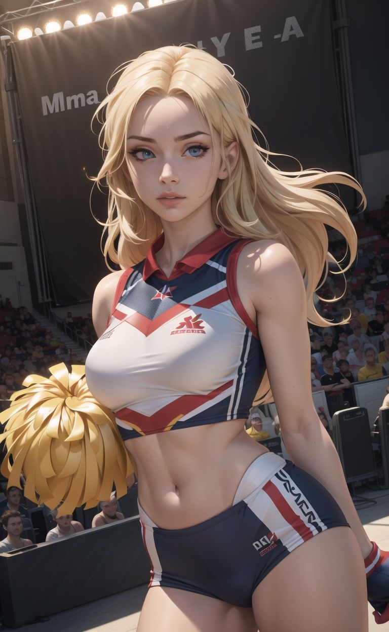 absurdres, highres, ultra detailed, masterpiece, cel shading,game CG,HDR,8k1girl,solo,cinema angle,8K,game CG,after performperfect lighting,Cheerleading uniform,looking at viewer,blonde