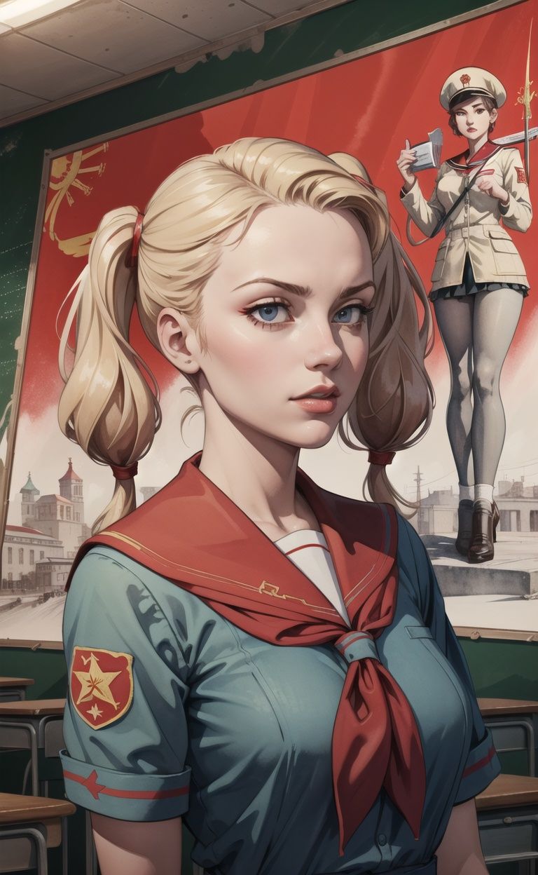 absurdres, highres, ultra detailed, masterpiece, cel shading,game CG,HDR,8k1girl,twintails,young soviet pioneer, red flag, soviet **** group,watercolor pencil \(medium\), perfect lighting,dynamic angle,(school uniform:1.3),red neckchief,soviet,communism, Propaganda poster of communist ideology