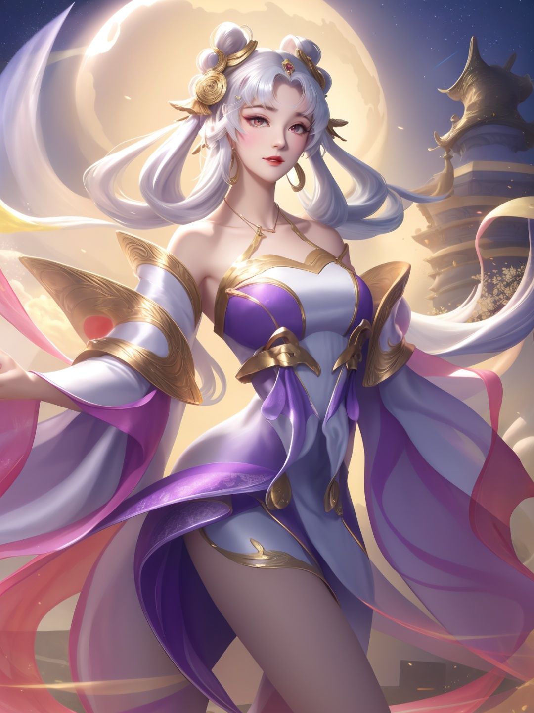 1girl, hair ornament, hair bun,double bun, ,dress,detached sleeves, red eyes, mature female, cityscape, night, looking at viewer, white purple dress,chinese clothes, necklace, jewelry, twintails, hair rings,flower, east asian architecture, moon, light smile,  <lora:CEyp_20230723010342:0.8>,blush,makeup, 