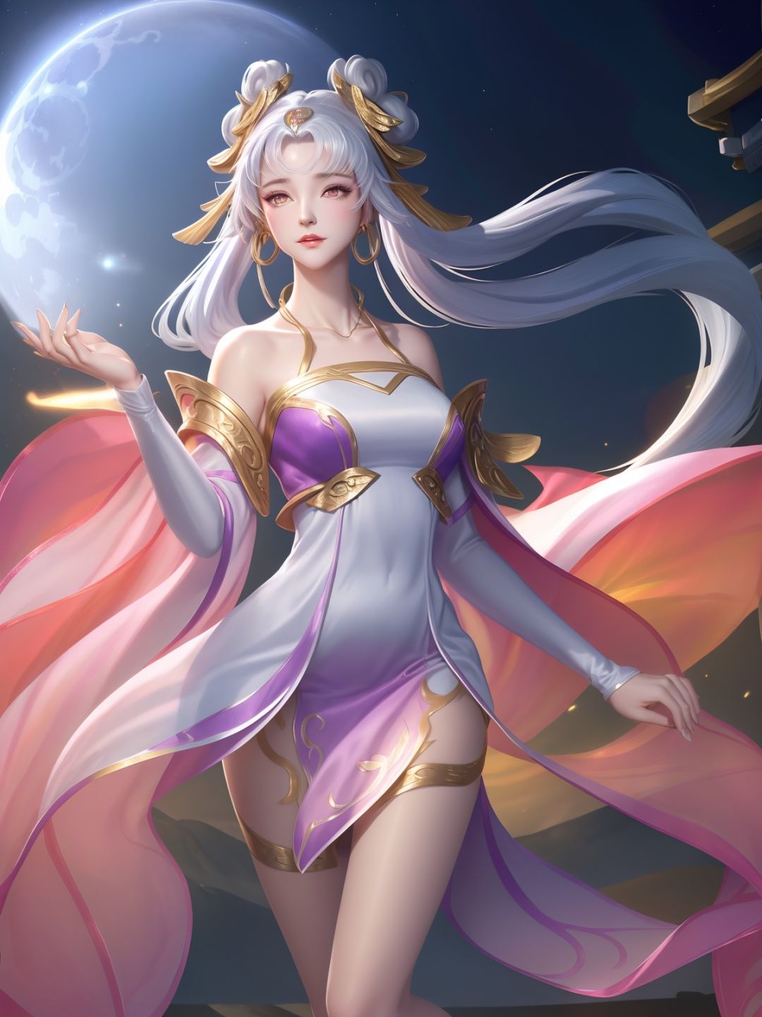 1girl, hair ornament, hair bun,double bun,dress,detached sleeves, red eyes, mature female, cityscape, night, looking at viewer, white purple dress,chinese clothes, necklace, jewelry, twintails, hair rings,flower, east asian architecture, moon, light smile,blush,makeup, <lora:CEyp_20230723013736-000002:0.75>