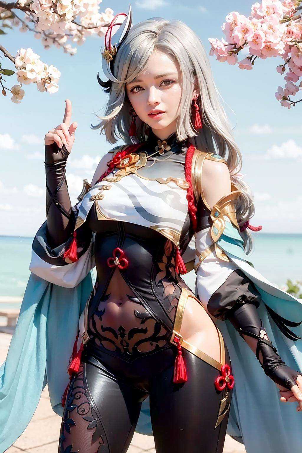 masterpiece, best quality,  <lora:shenhe:1>,1girl, shenhe (genshin impact), solo, long hair, hair over one eye, breast curtain, hair ornament, bodysuit, hip vent, blue eyes, breasts, looking at viewer, smile, shoulder cutout, covered navel, gloves, clothing cutout, black bodysuit, cherry blossoms, butterfly, tassel, white hair, bangs, large breasts, braided ponytail, bug, closed mouth, snowflakes, partially fingerless gloves, black gloves, braid, petals, very long hair, branch, gold trim, flower, long sleeves, blush, grey hair, puffy long sleeves, cowboy shot, standing, holding, tassel earrings, earrings, jewelry, thighs, hand up, bare shoulders,kbxll