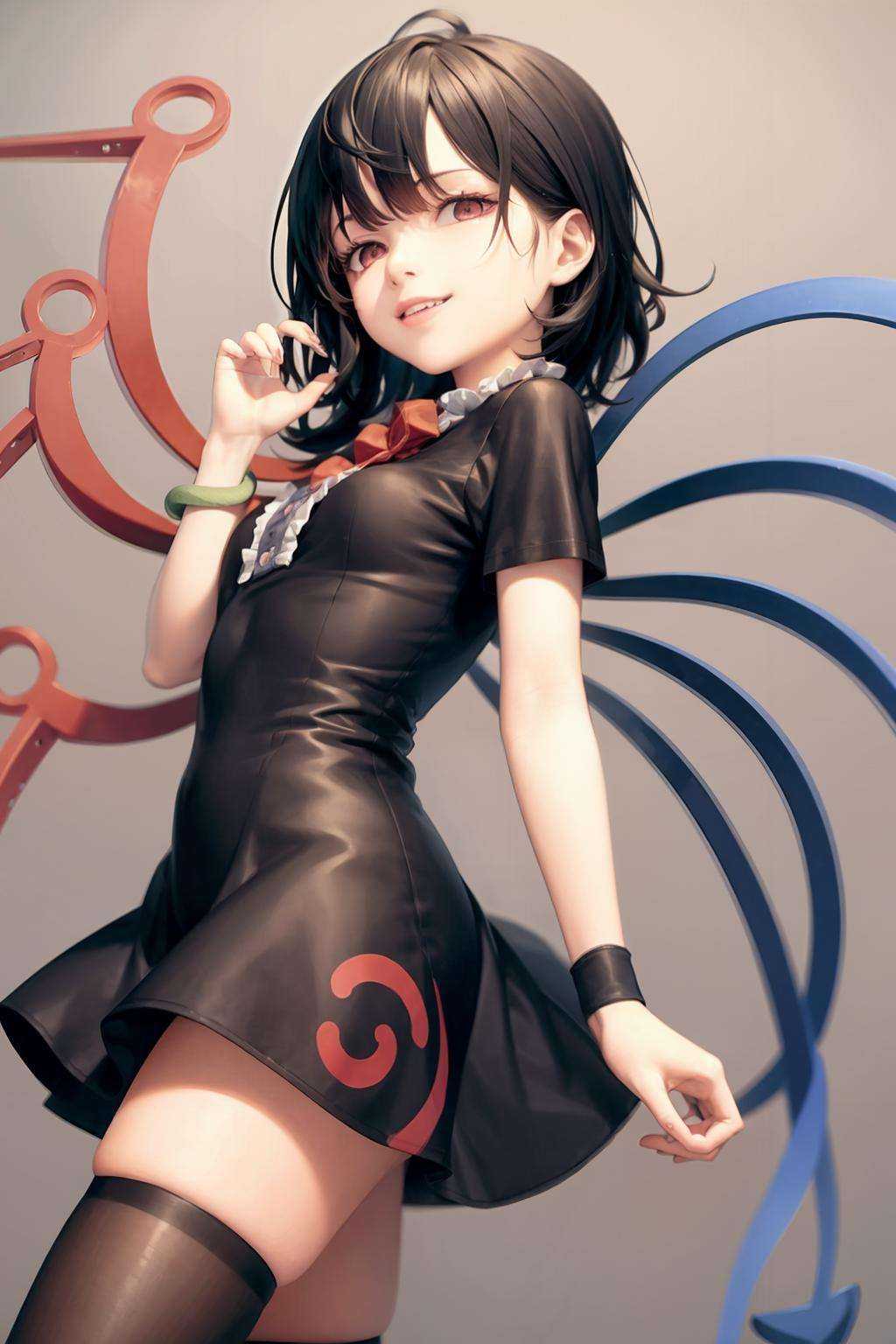 masterpiece, best quality,   <lora:NueHoujyuu:1>,1girl,houjuu nue, black hair,short hair,red eyes,red bow,short sleeves,wristband,snake,,black dress,black thighhighs,asymmetrical wings,grey background, smile