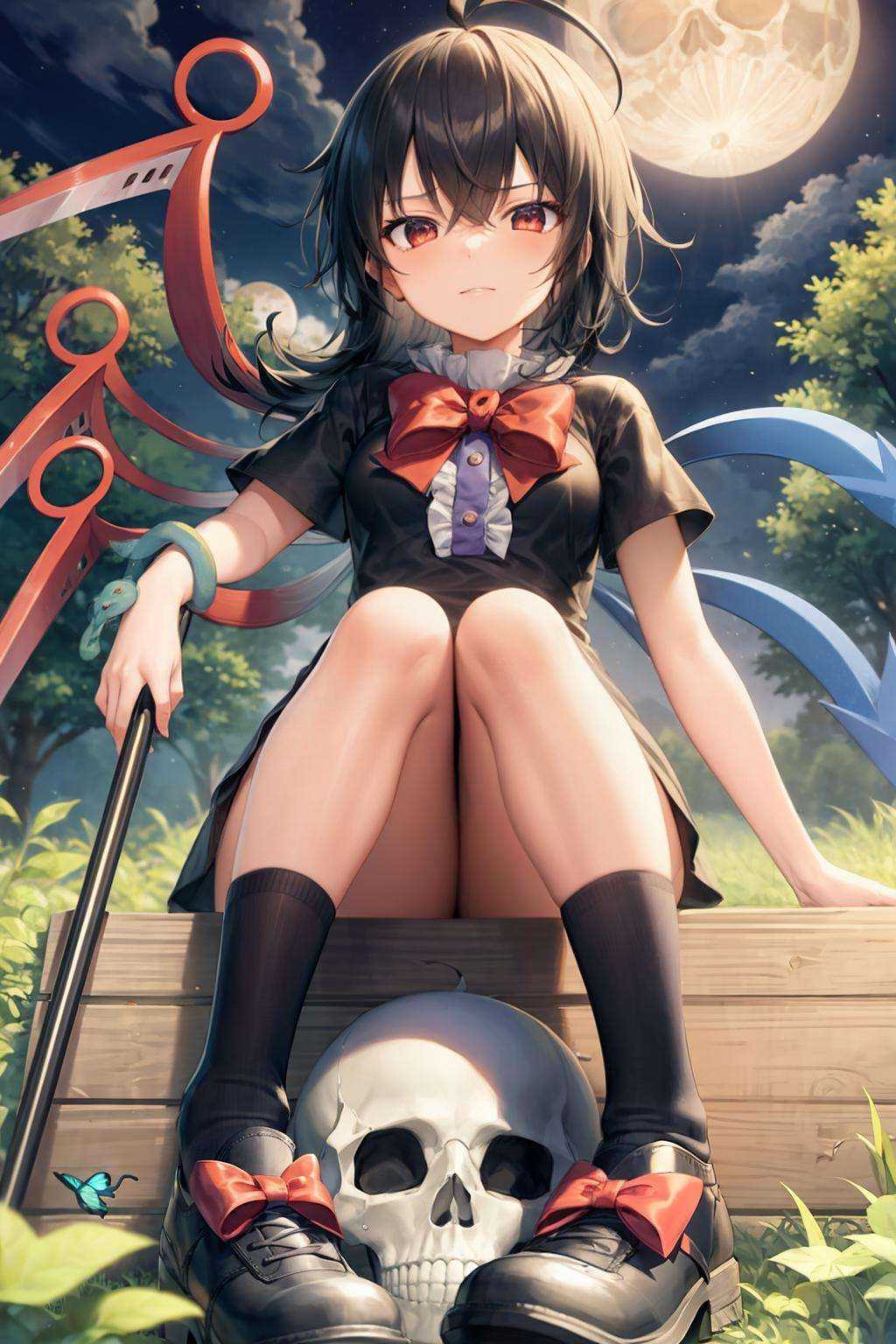 masterpiece, best quality,   <lora:NueHoujyuu:1>,1girl, solo, houjuu nue, skull, red eyes, wings, snake, asymmetrical wings, black hair, weapon, short hair, sitting, bug, trident, polearm, tree, butterfly, bare legs, bare tree, convenient censoring, legs, dress, cloud, sky, bow, moon, shoes, no panties, ahoge, short sleeves, no socks, bottomless, looking at viewer
