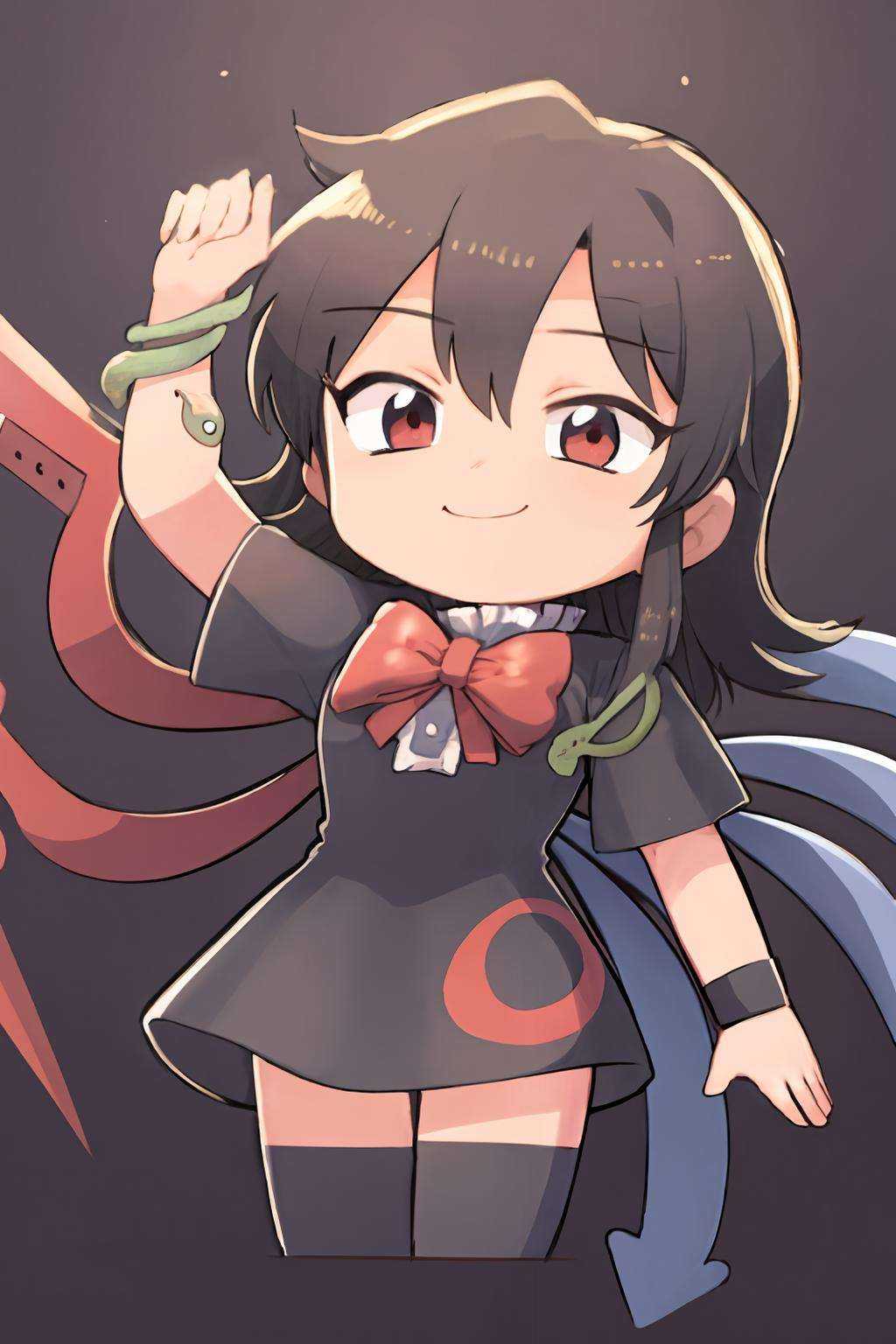 masterpiece, best quality,   <lora:NueHoujyuu:1>,houjuu nue, black hair,short hair,red eyes,red bow,short sleeves,wristband,snake,,black dress,black thighhighs,asymmetrical wings,smile <lora:style05:1>,(chibi:1.2),white background, 