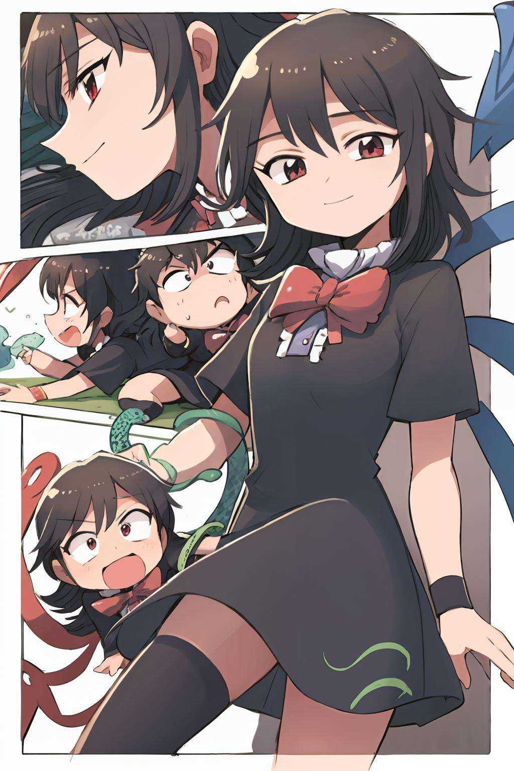 masterpiece, best quality,   <lora:NueHoujyuu:1>,houjuu nue, black hair,short hair,red eyes,red bow,short sleeves,wristband,snake,,black dress,black thighhighs,asymmetrical wings,smile <lora:style05:1>,(chibi:1.2),white background, comic,multiple girls, multiple views, border, koma