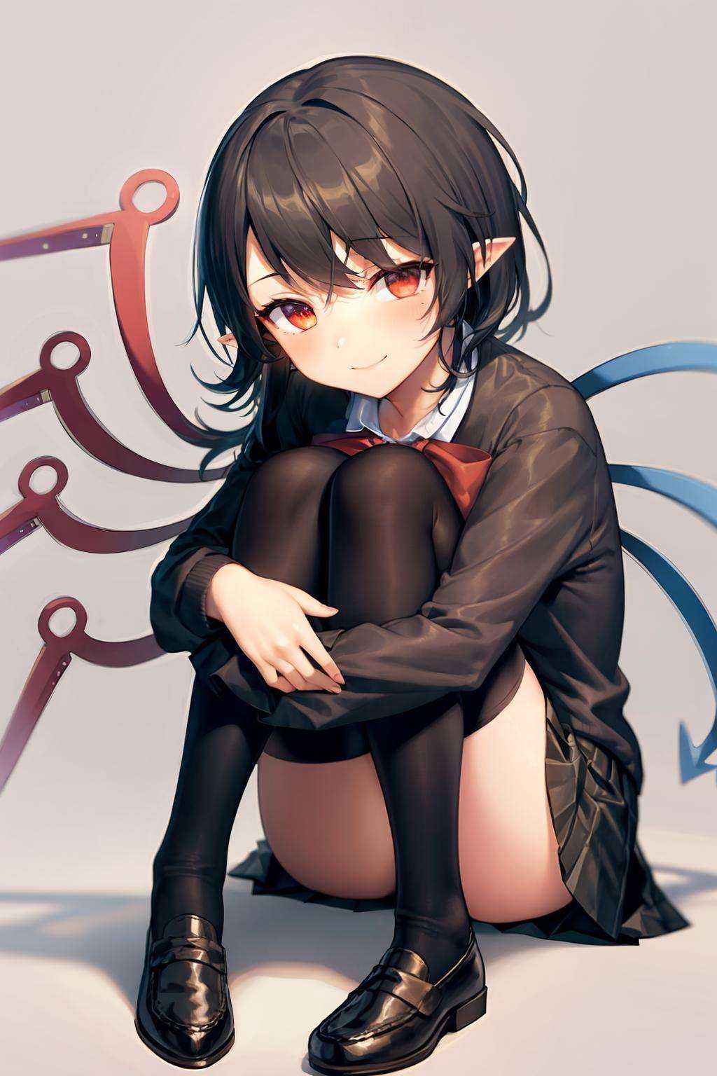 masterpiece, best quality,   <lora:NueHoujyuu:1>,1girl, solo, houjuu nue, black hair, thighhighs, wings, red eyes, skirt, smile, asymmetrical wings, pointy ears, black thighhighs, sitting, shoes, alternate costume, looking at viewer, hugging own legs, long sleeves, blush, school uniform, short hair, sketch,  bow, shirt, vest, zettai ryouiki, loafers, full body, miniskirt, contemporary, bowtie, pleated skirt