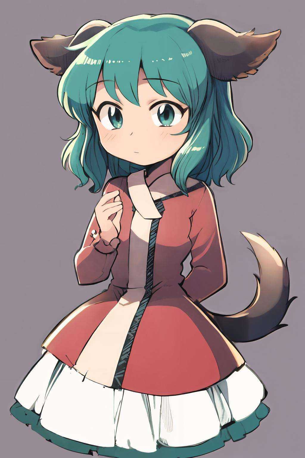 masterpiece, best quality,   <lora:KasodaniKyouko:1>, <lora:style05:1>,1girl,animal ears, green eyes, green hair, short hair,dress,long sleeves, tail, (chibi:1.3),simple background, 