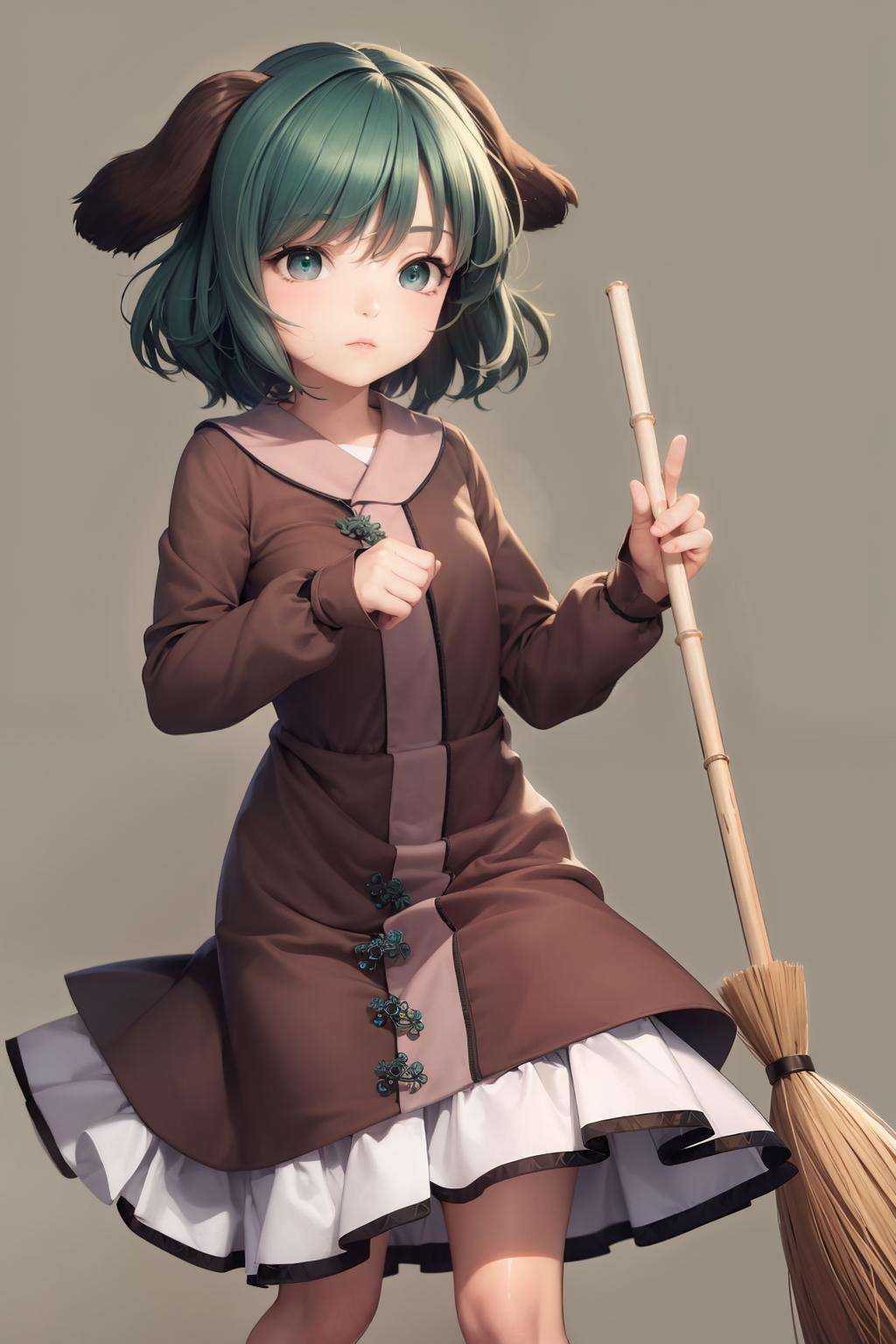 masterpiece, best quality,   <lora:KasodaniKyouko:1>,1girl,kasodani kyouko, animal ears, green hair,short hai,green eyes,long sleeves,dress,bamboo broom,grey background, 