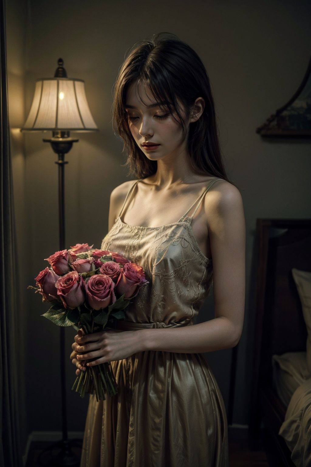 8k,Moody,atmospheric,painterly,fine details,cinematic composition,Warm lighting,gentle,nostalgic,flower,roses,tranquil,evocative,hazy atmosphere,a sense of solitude,dreamlike atmosphere,high level of detail,evocative color palette,8K resolution,<lora:33333333333danse:0.4>,lotus<lora:调细节添加-2-2修手detail tweaker:1.0>