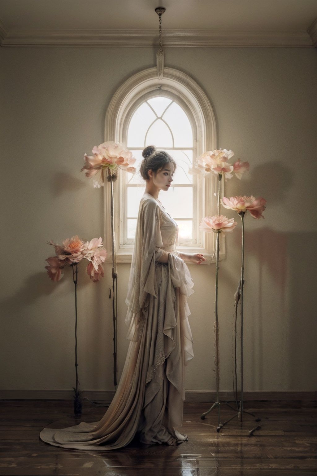 8k,Moody,atmospheric,painterly,fine details,cinematic composition,Warm lighting,gentle,nostalgic,flower,roses,tranquil,evocative,hazy atmosphere,a sense of solitude,dreamlike atmosphere,high level of detail,evocative color palette,8K resolution,<lora:33333333333danse:0.6>,lotus,pale pink atmosphere,<lora:调细节添加-2-2修手detail tweaker:1.0>