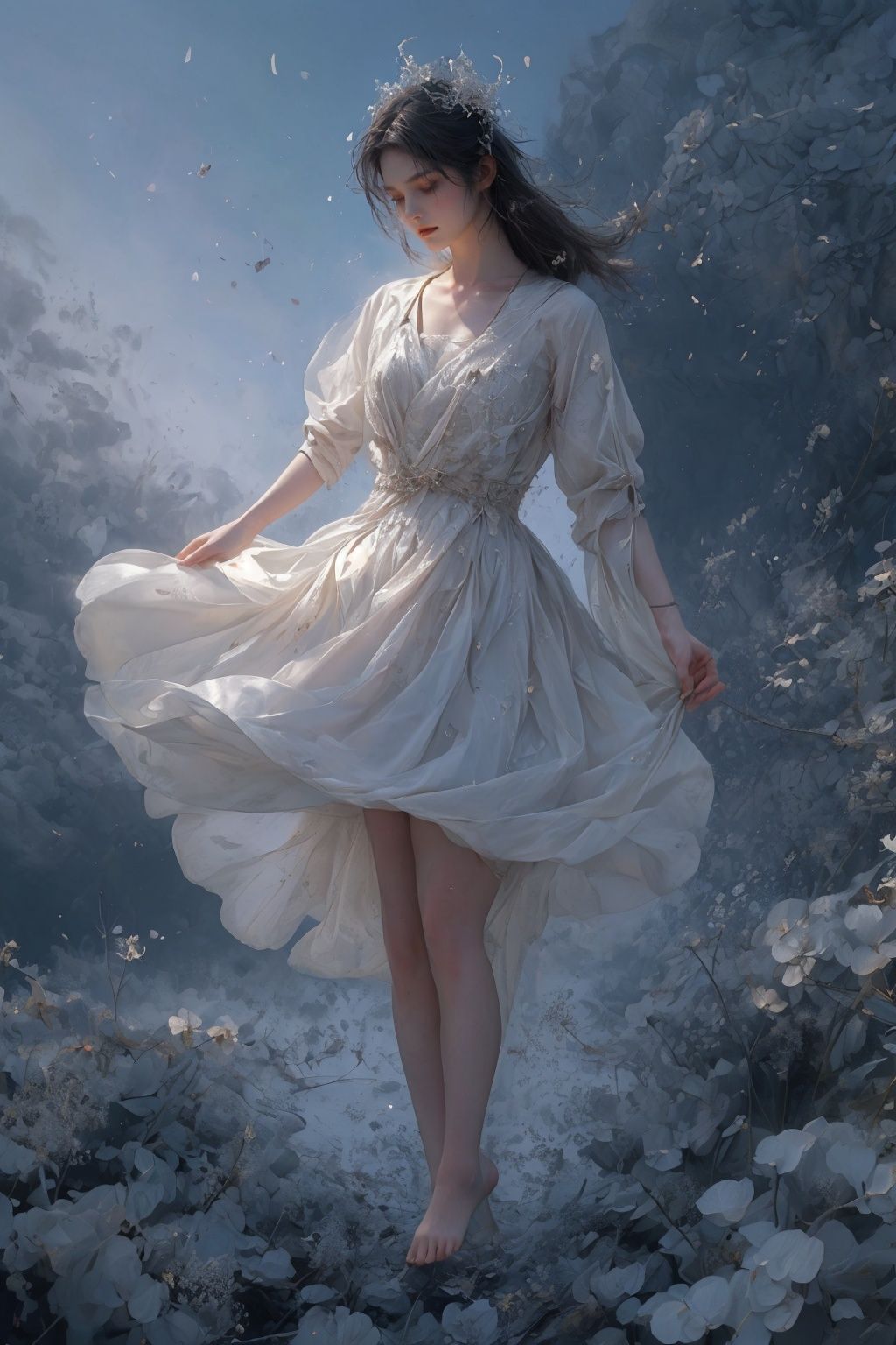 masterpiece,best quality,1girl,full body,white coat,light pink atmosphere,danse,<lora:淡色盛宴danse:0.5>,((black hair)),clean face,lotus,water front,the flowers bloom luxuriantly,<lora:[LoRa] Rocycloud  雲海Concept:0.4> <lora:2.5D治愈国风_v1.5:0.6>,<lora:调细节添加-2-2修手detail tweaker:1.0>