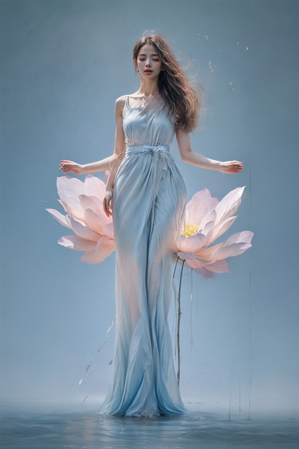 masterpiece,best quality,1girl,((full body)),long hair,wet hair,pink dress,light blue atmosphere,<lora:淡色盛宴danse:0.6>,((soft hair)),lotus,the flowers bloom luxuriantly,looking at viewer,Inviting Wink,<hypernet:waterElemental_10水元素超网格:0.7>,<lora:调细节添加-2-2修手detail tweaker:1.0>