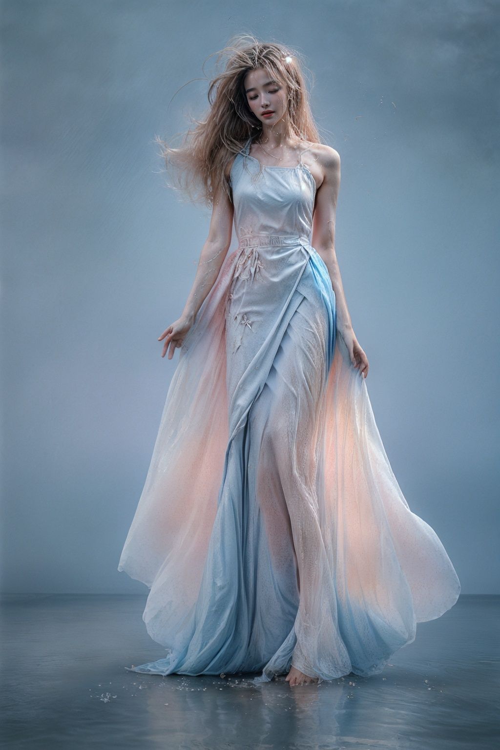 masterpiece,best quality,1girl,((full body)),long hair,wet hair,pink dress,light blue atmosphere,<lora:淡色盛宴danse:0.6>,((soft hair)),lotus,the flowers bloom luxuriantly,looking at viewer,Inviting Wink,<hypernet:waterElemental_10水元素超网格:0.7>,<lora:调细节添加-2-2修手detail tweaker:1.0>
