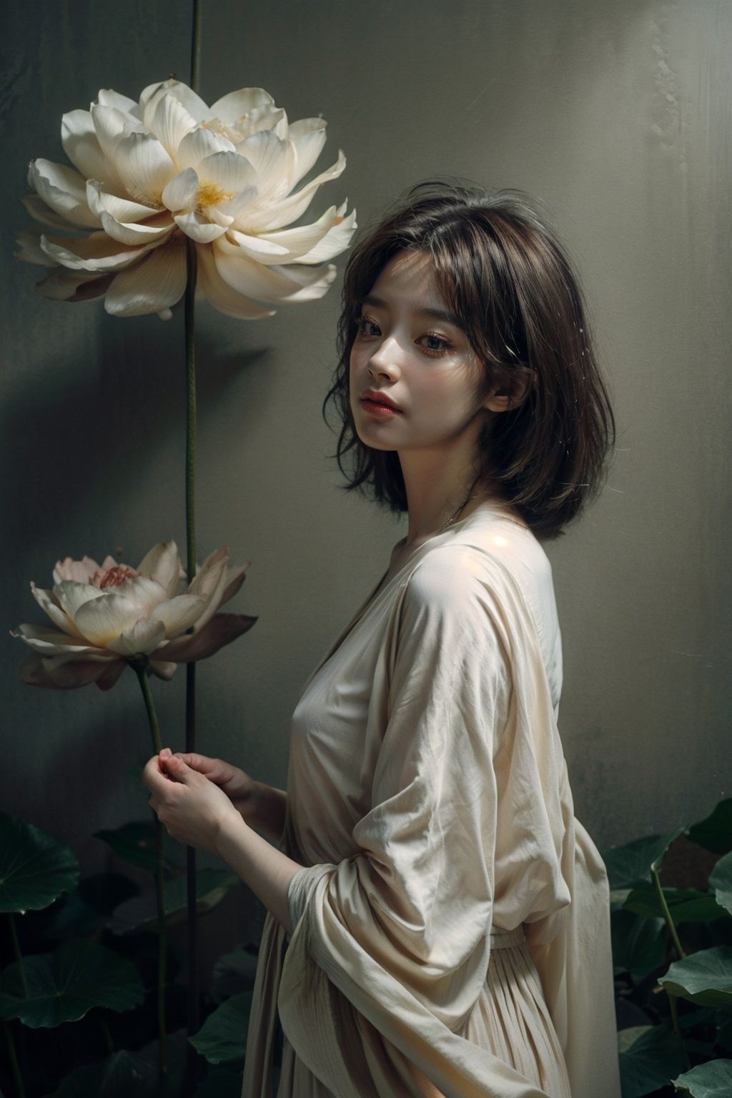 8k,Moody,atmospheric,painterly,fine details,cinematic composition,Warm lighting,gentle,nostalgic,flower,roses,tranquil,evocative,hazy atmosphere,a sense of solitude,dreamlike atmosphere,high level of detail,evocative color palette,8K resolution,<lora:33333333333danse:0.6>,lotus,white atmosphere,<lora:调细节添加-2-2修手detail tweaker:1.0>