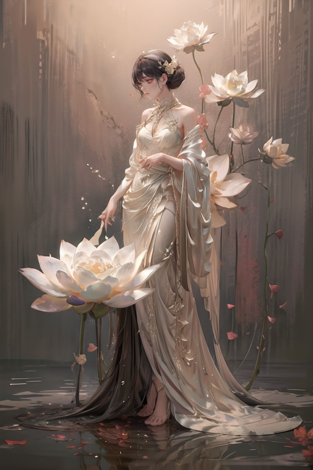 8k,Moody,atmospheric,painterly,fine details,cinematic composition,Warm lighting,gentle,nostalgic,flower,roses,tranquil,evocative,hazy atmosphere,a sense of solitude,dreamlike atmosphere,high level of detail,evocative color palette,8K resolution,<lora:33333333333danse:0.6>,lotus,<lora:调细节添加-2-2修手detail tweaker:1.0>
