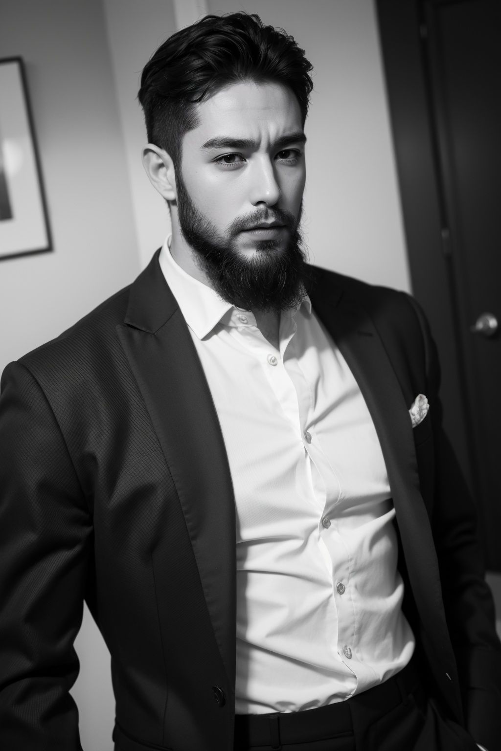 handsome male,beard,big muscle,suit,feather coat,monochrome photography,dutch angle