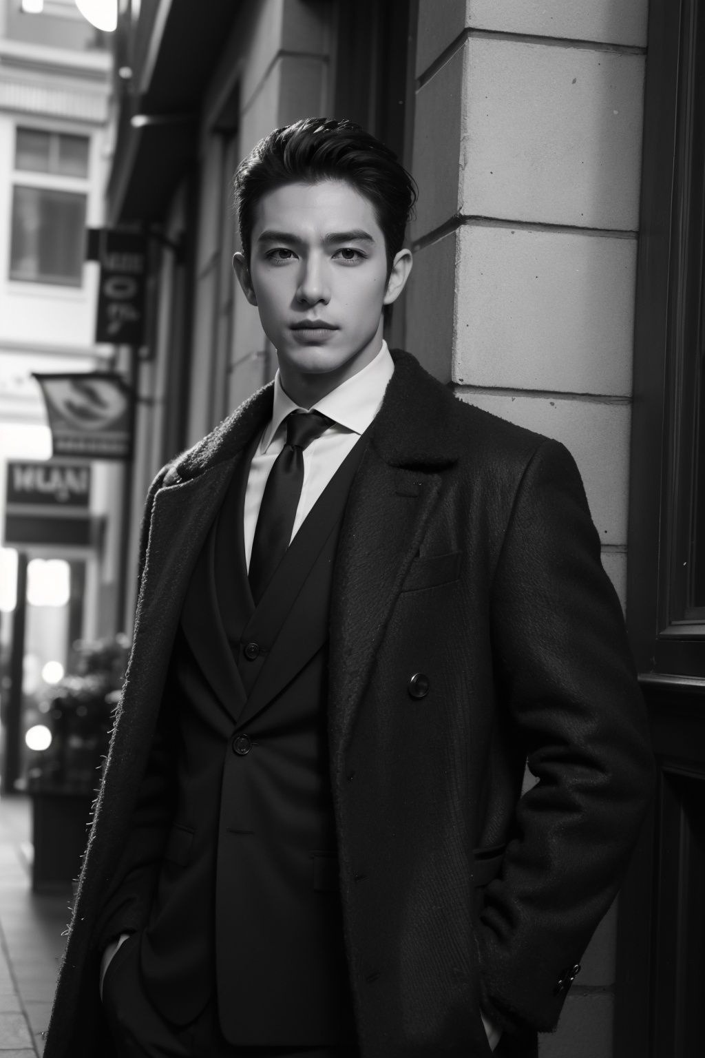 handsome male,big muscle,suit,feather coat,monochrome photography,dutch angle,outdoor