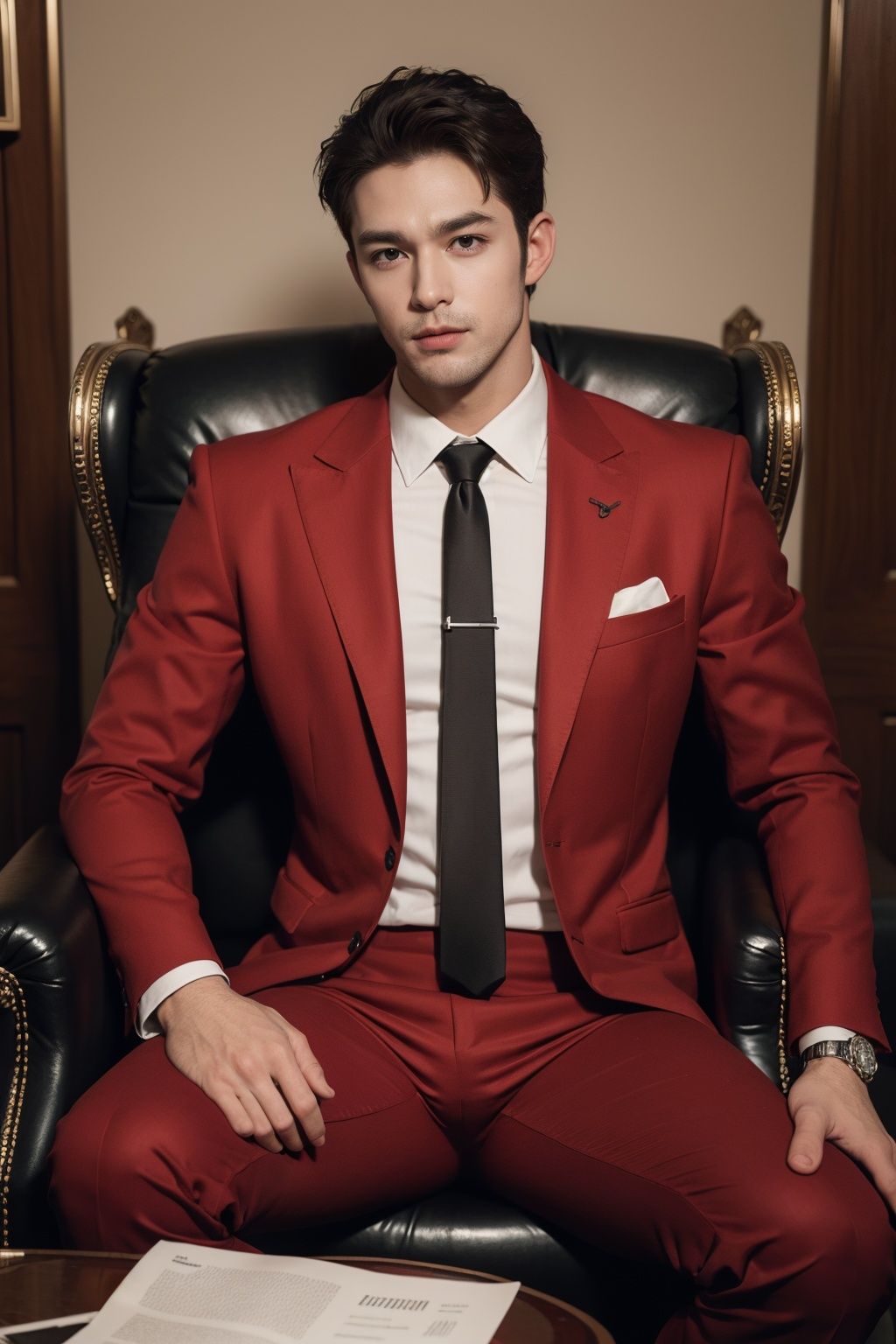 handsome male,look at viewer,big muscle,red suit,tie,sitting in the boss armchair