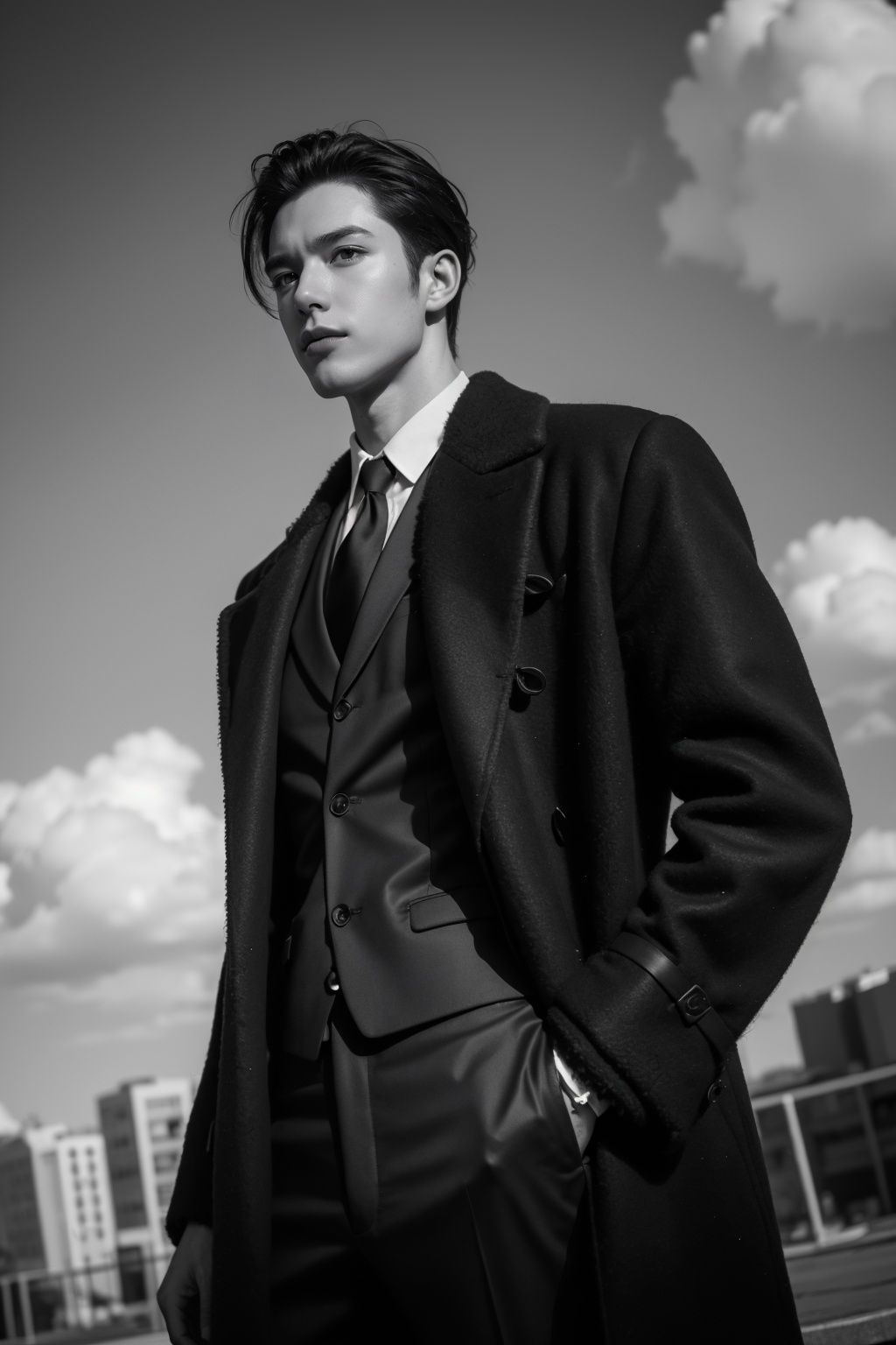 handsome male,big muscle,suit,feather coat,monochrome photography,dutch angle,outdoor