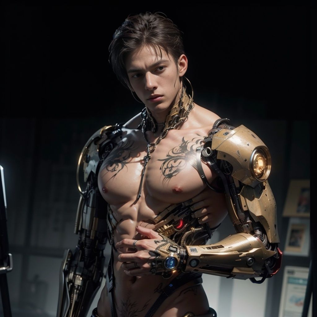 1boy, dramatic lighting, big muscle, (cyborg:1.2), red tuxedo，chest tattoo, 