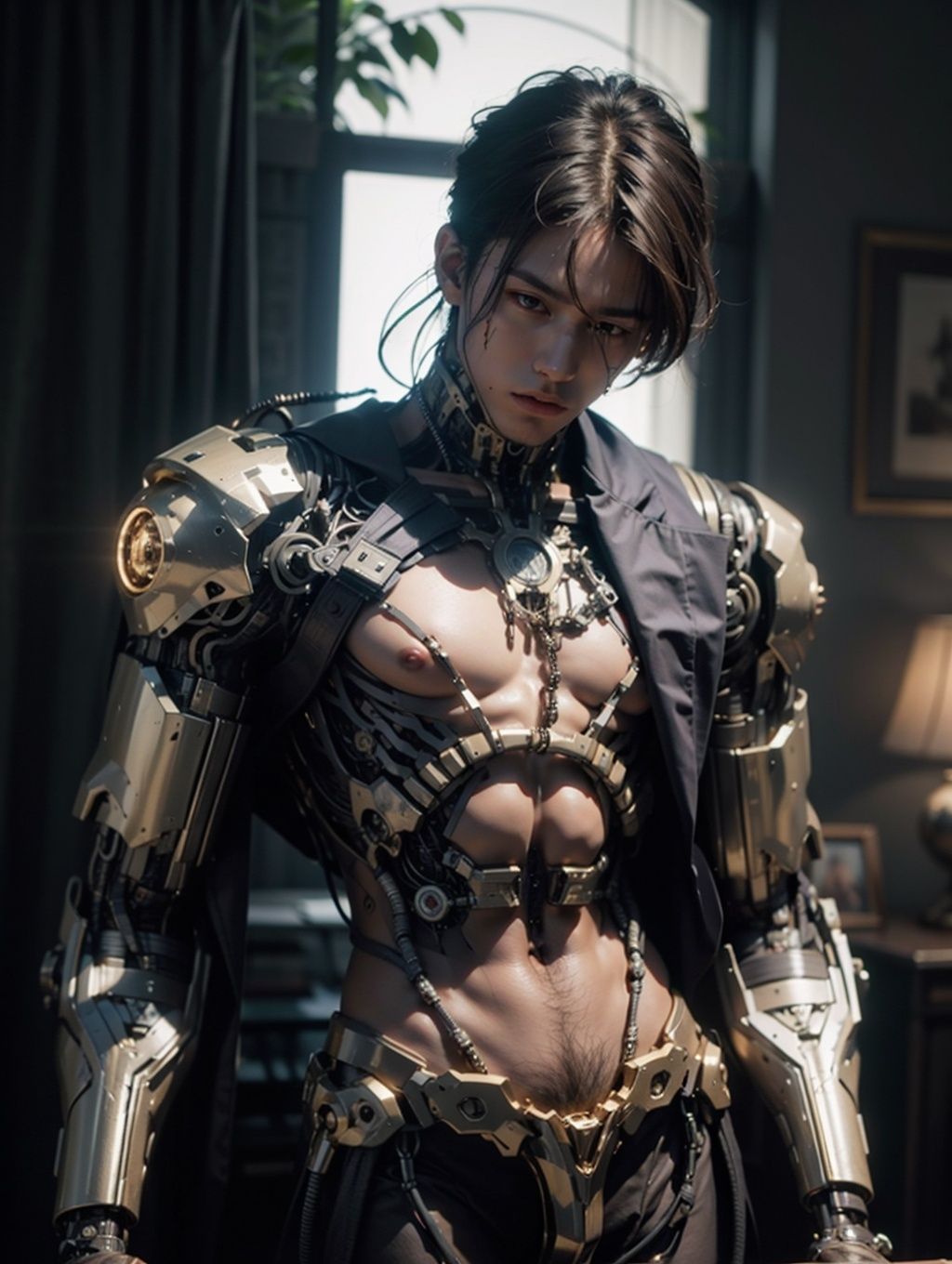 1boy, dramatic lighting, big muscle, (cyborg:1.2), red tuxedo