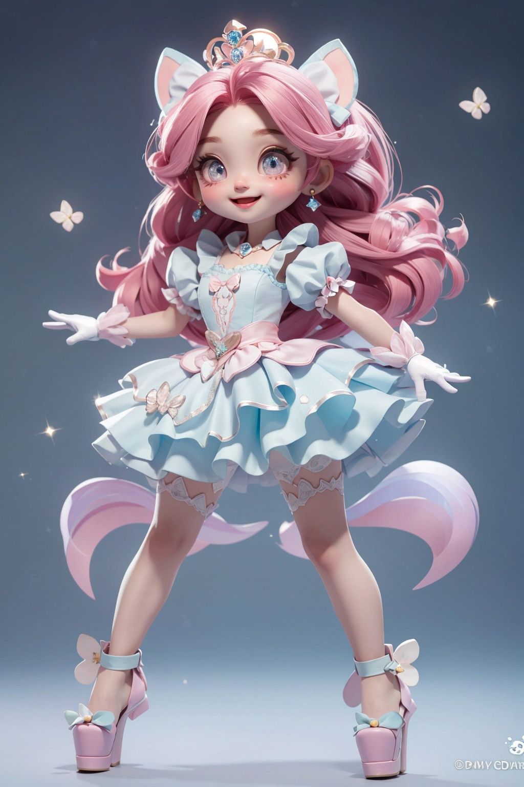masterpiece, best quality, 8k, cinematic light, ultra high res, chibi, 1girl, full body, sparkling eyes, pink hair, long hair, hair bow, tiara, frilly dress, skirt, puffy sleeves, gloves, high heels, magical wand, (magical pet:1.1), flying, stars, moon, pastel colors, beautiful detailed background, (sparkles:1.2), glowing effects, dynamic pose, (powerful stance:1.3), action-packed, butterflies, (heart-shaped pupils:0.9), cheerful expression, <lora:chibi-v1:1>
