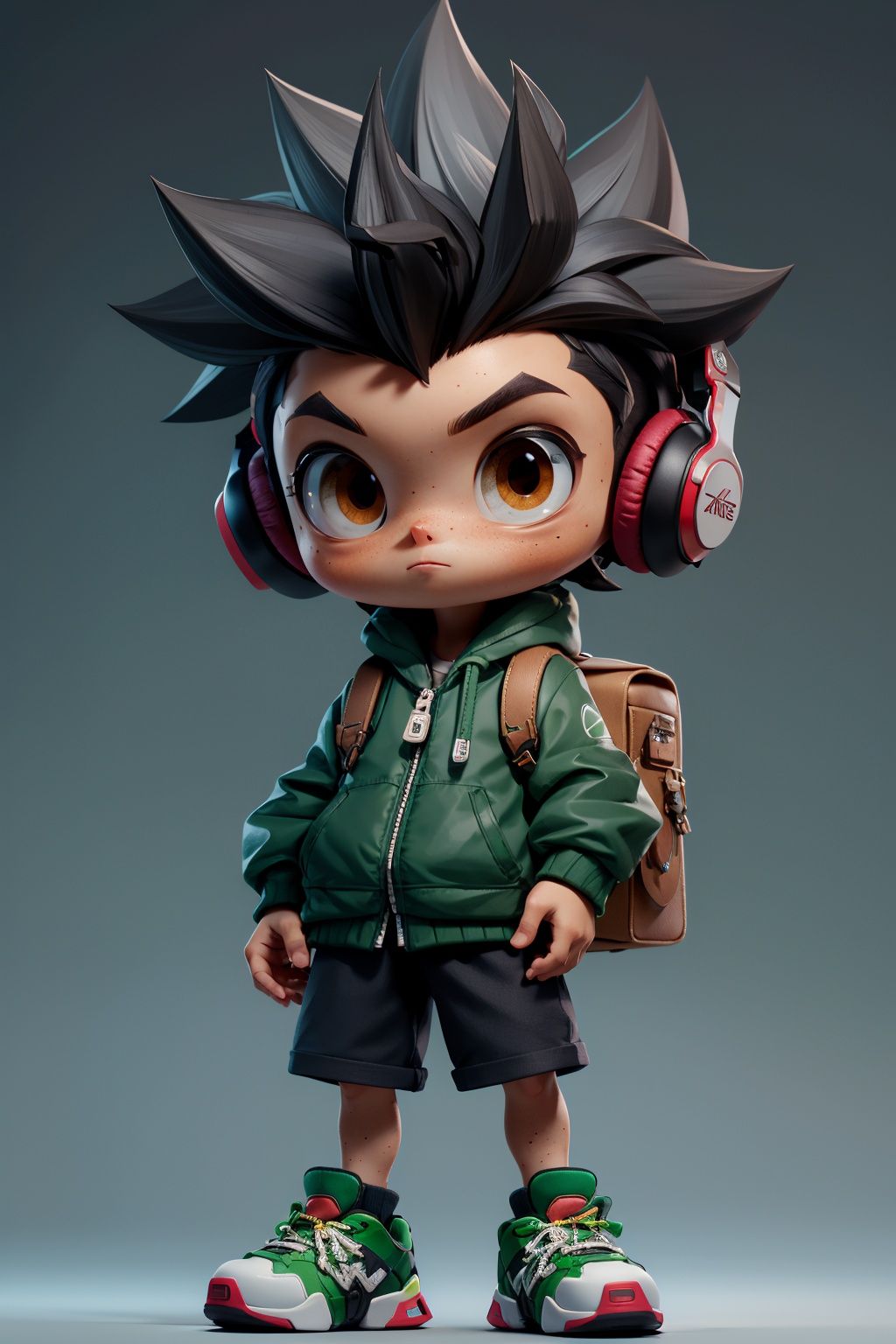 masterpiece, best quality, 8k, cinematic light, ultra high res, chibi, 1boy, shorts, black hair, headphones, bag, spiked hair, green jacket, shoes, brown eyes, (full body:1.2), freckles, standing, <lora:chibi_04:1:TEST>