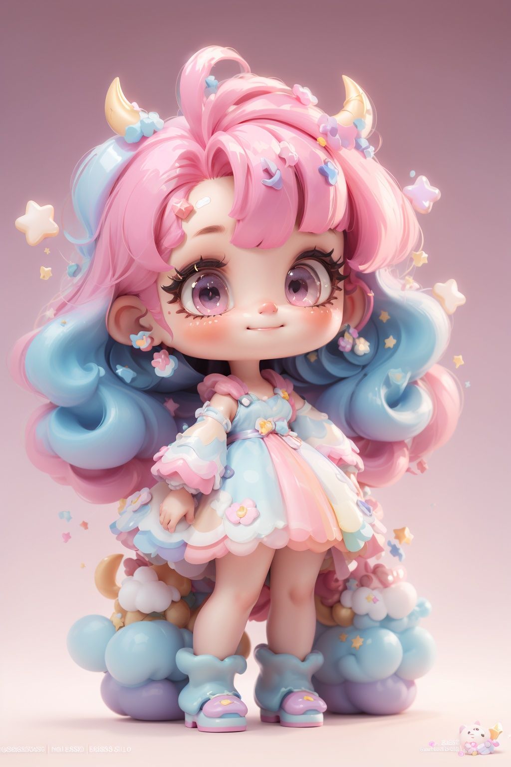 masterpiece, best quality, 8k, cinematic light, ultra high res, chibi, 1girl, child, pink hair, multicolored hair, long hair, solo, dress, star hair ornament, horns, blue hair, star \, (symbol\), bangs, gradient hair, artist name, gradient, smile, closed mouth, full body, pink background, gradient background, <lora:chibi-v1:1>