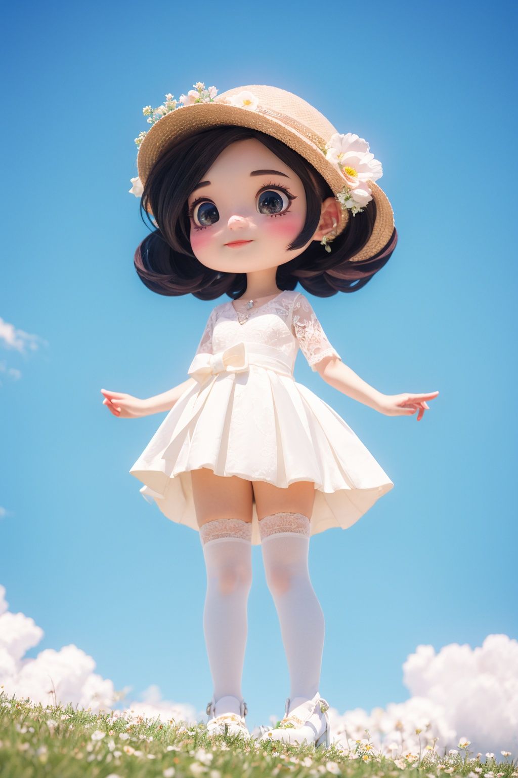 masterpiece, best quality, 8k, cinematic light, ultra high res, 1girl, chibi, wedding_dress, white thighhighs, sky, cloud, flower, outdoors, <lora:chibi-v1:1>