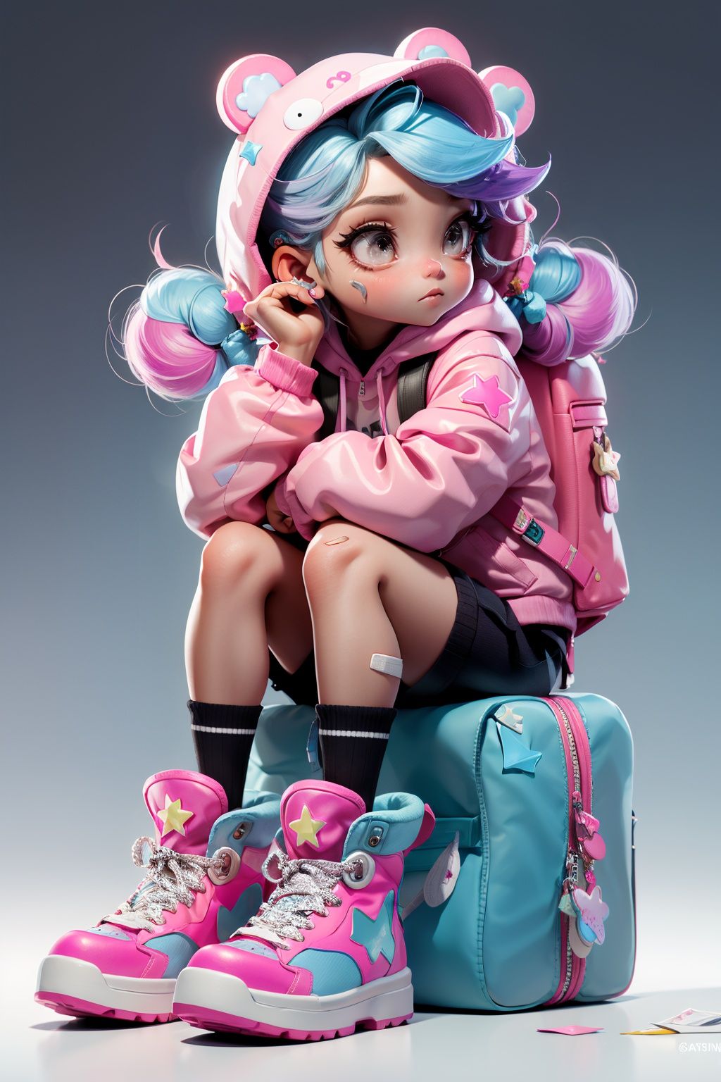 masterpiece, best quality, 8k, cinematic light, ultra high res, chibi, 1girl, bag, backpack, solo, multicolored hair, shorts, star \, (symbol\), blue hair, hood, sitting, pink hair, star hair ornament, head rest, socks, pink footwear, black shorts, hair ornament, full body, boots, bandaid, gradient, twintails, jacket, <lora:chibi_04:1:TEST>